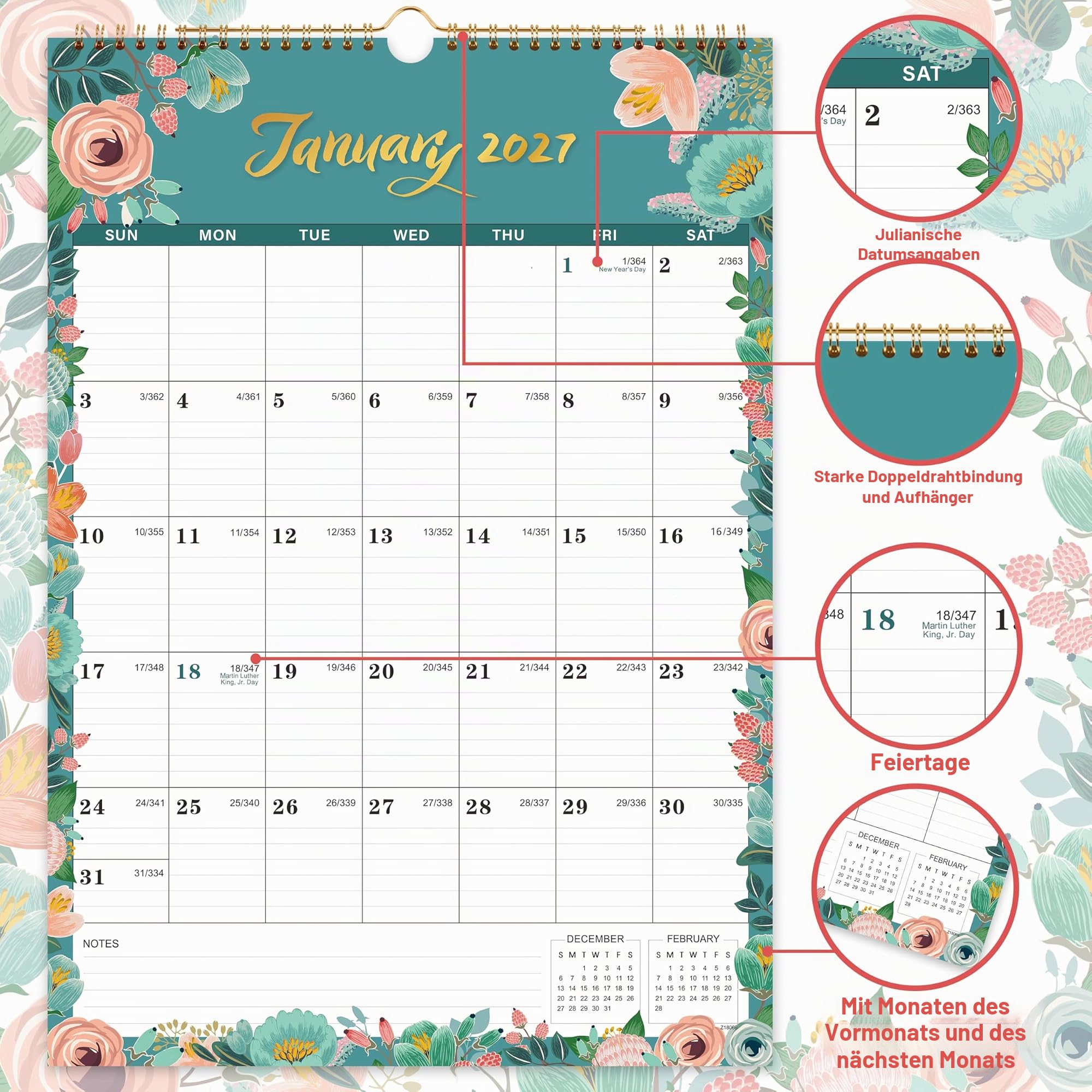 Wandkalender 2026 – Kalender 2026 von Januar 2026 bis Dez. 2026, Kalender 2026, 12 Monate, 30,5 x 43,2 cm, große linierte Blöcke, perfekt für Zuhause oder Büro