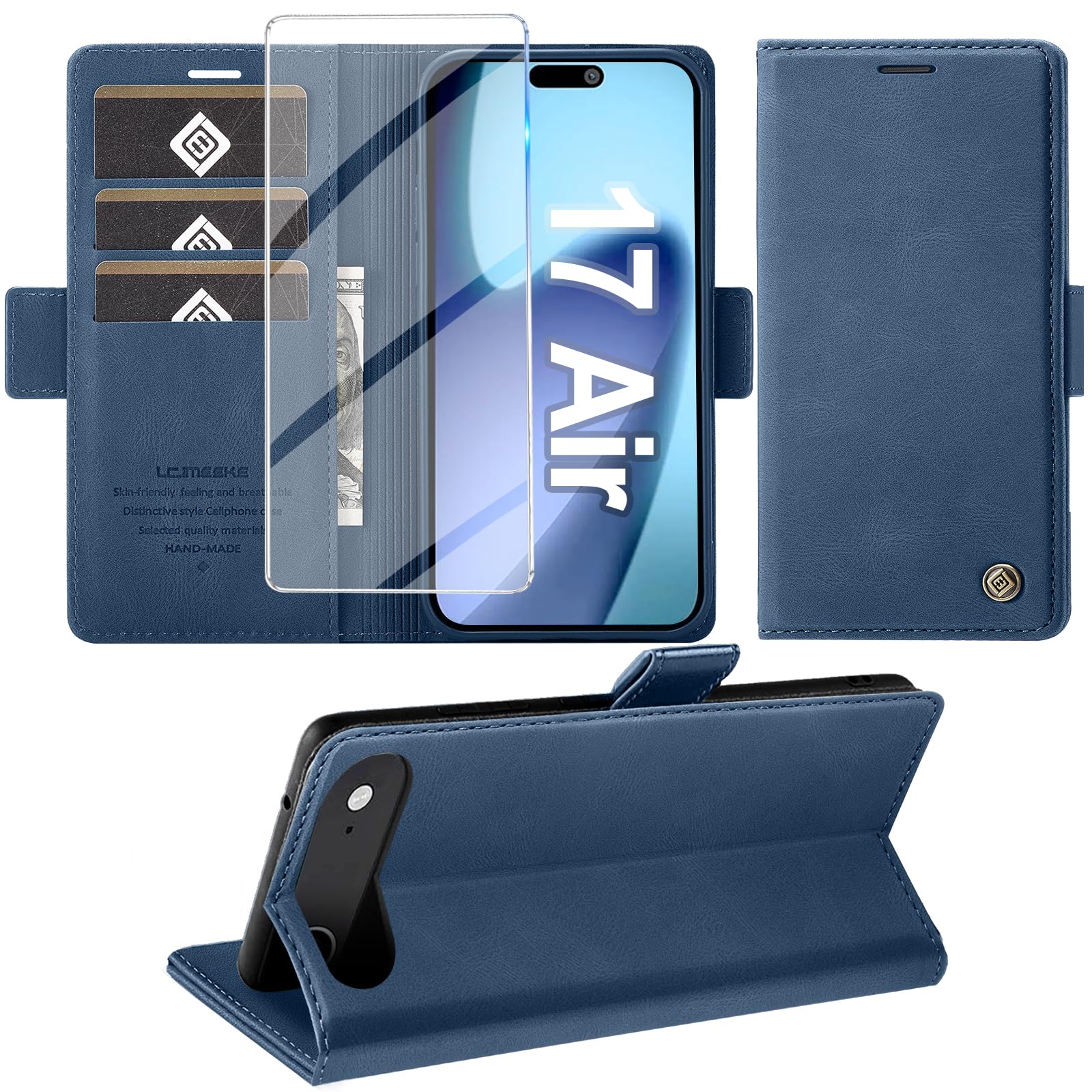 Giyer Handyhülle für iPhone Air Hülle mit Schutzfolie, Standfunktion Kartenfach Wallet Premium Leder Schutzhülle für iPhone Air 5G 6.5 Zoll Flip Case Cover Stoßfeste Klapphülle (Blau)