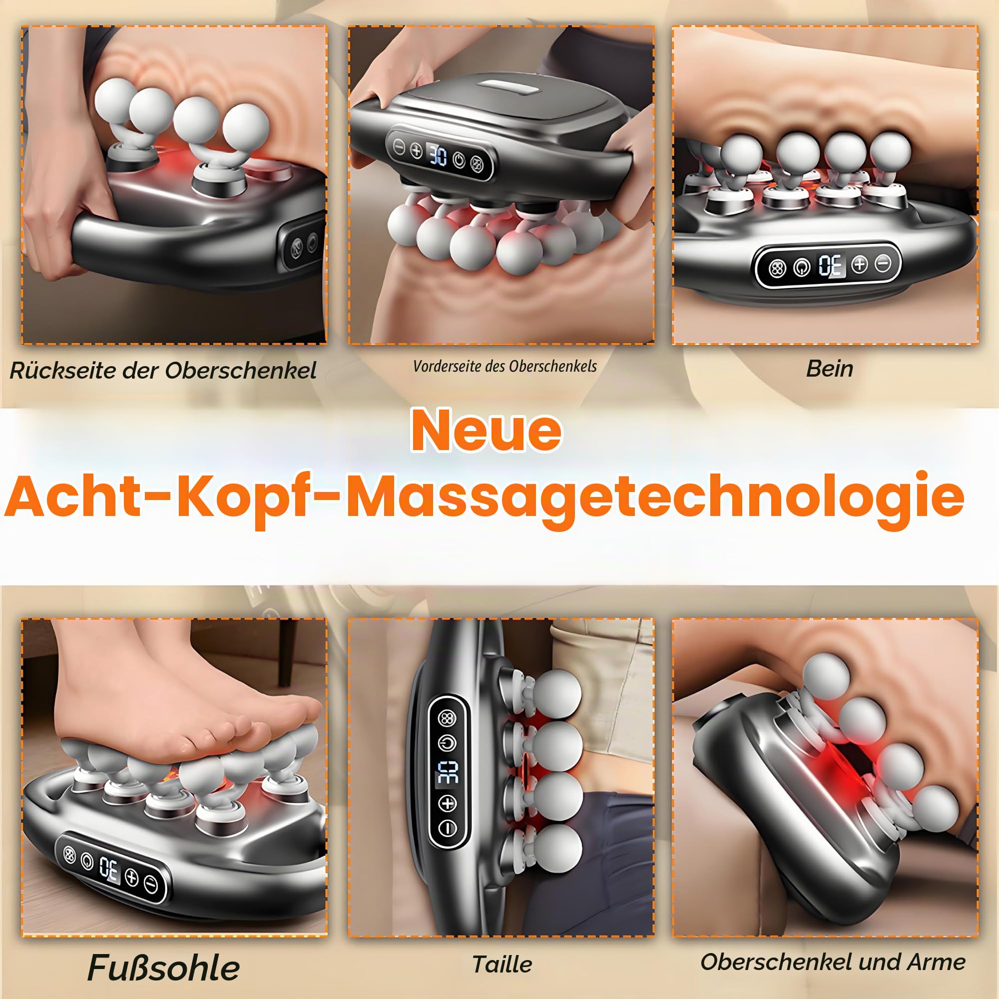 Massagepistole für rücken mit 16 Köpfen, 30 Stufen 3 Modi | 30 Intensitätsstufen großflächiges Tiefengewebe-Massagegerät leise (35dB) für Verspannungslösung Beine Arme Rücken