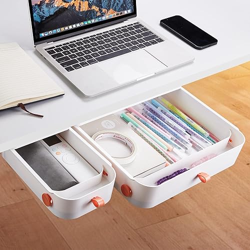Miniatura 2 de ELENTGE Organizador de cajones para debajo del escritorio, 2 cajones de escritorio, autoadhesivos, cajón de escritorio deslizante, cajón de