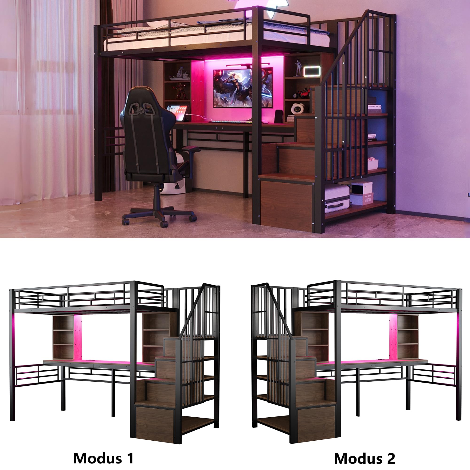 Soweiz Letto a soppalco 90 × 200 cm, con scrivania, presa europea e illuminazione a LED, scala di stoccaggio (montaggio a sinistra/destra), alta griglia di protezione, letto singolo, telaio in ferro