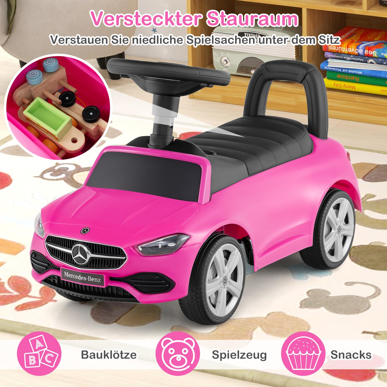 FANTASK Mercedes Benz Rutschauto Rosa - 3-in-1 Kinderfahrzeug Mit Sound