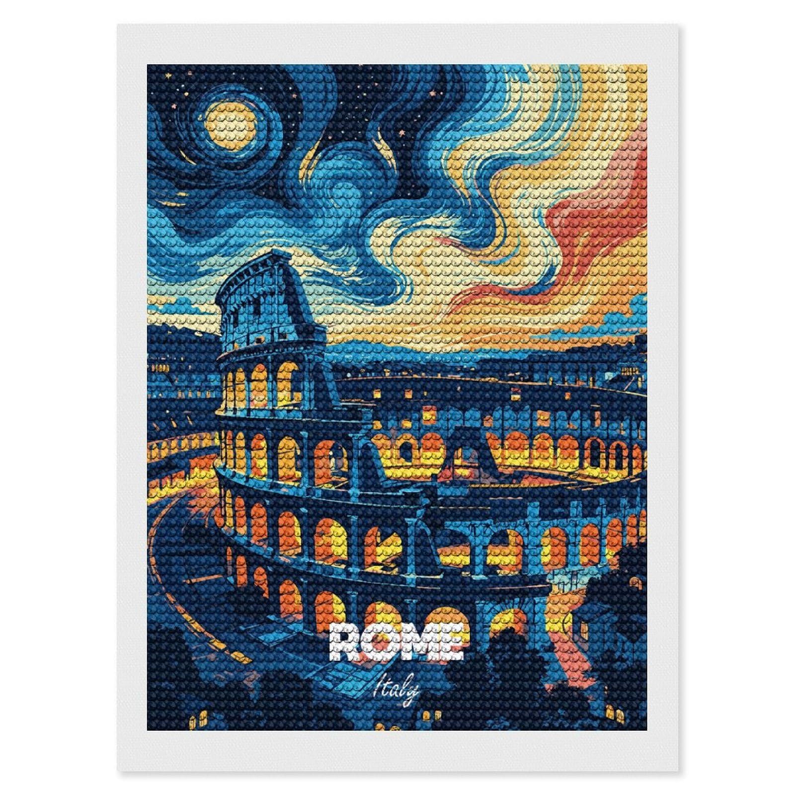 Junmoney Rome Italy Colosseum Night Art DIY Diamond Art Canvas Kit 12"x16", Simple to Start, Fun Craft Experience, Modern Decor, Gift Idea, Adhesive Canvas