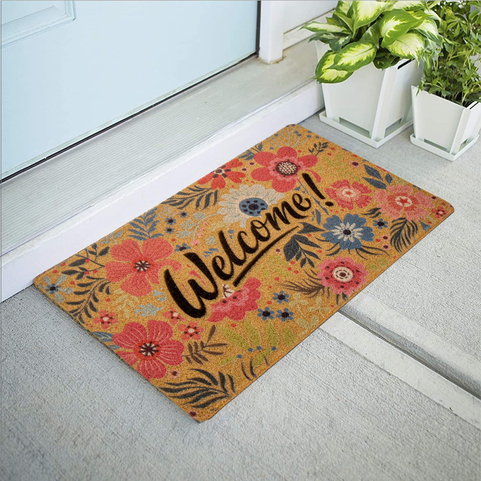 Tapis de porte floral en coco synthétique : finies les traces de boue dans l'entrée