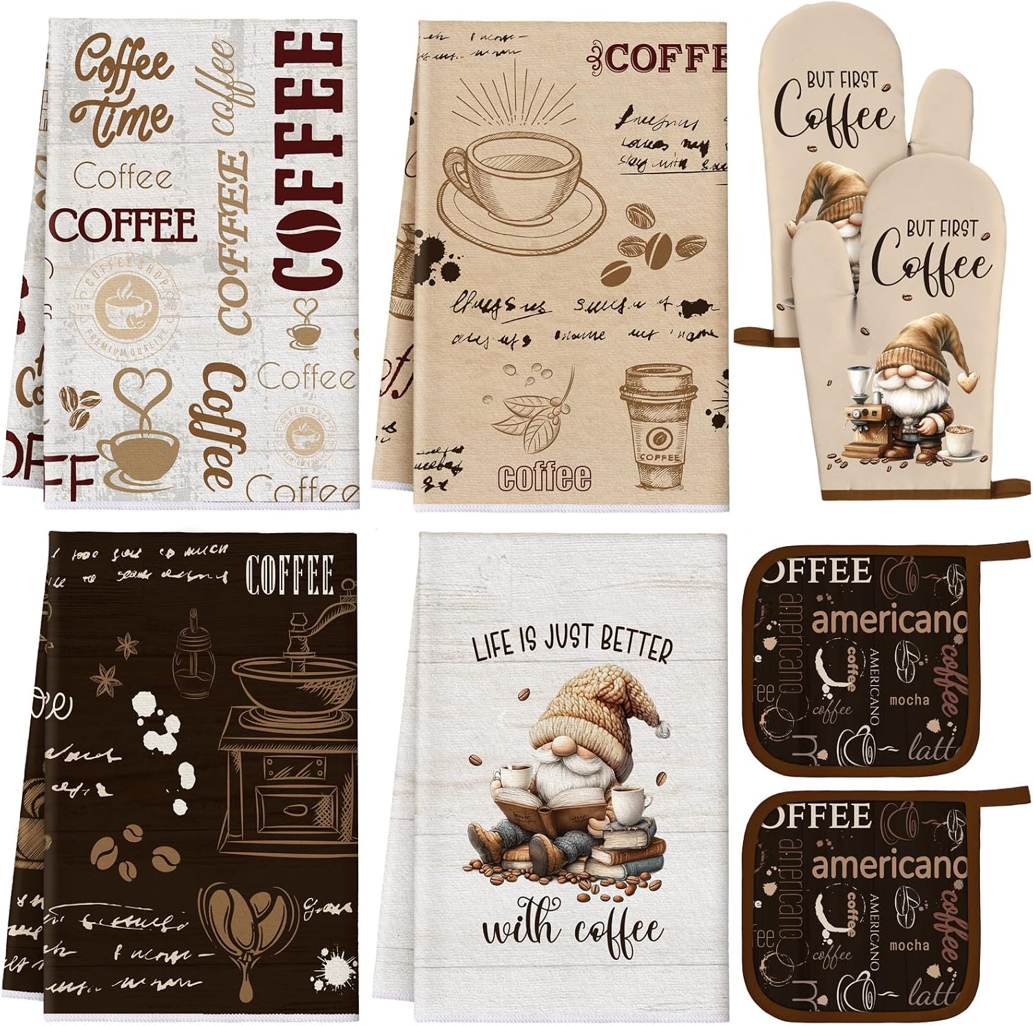 Fourluoo 8 Pcs Coffee Kitchen Towels and Dishcloths Sets Oven Mitts and Pot Holders Sets Absorbent Kitchen Gloves Potholders Heat Resistant for Chef Baking Cooking