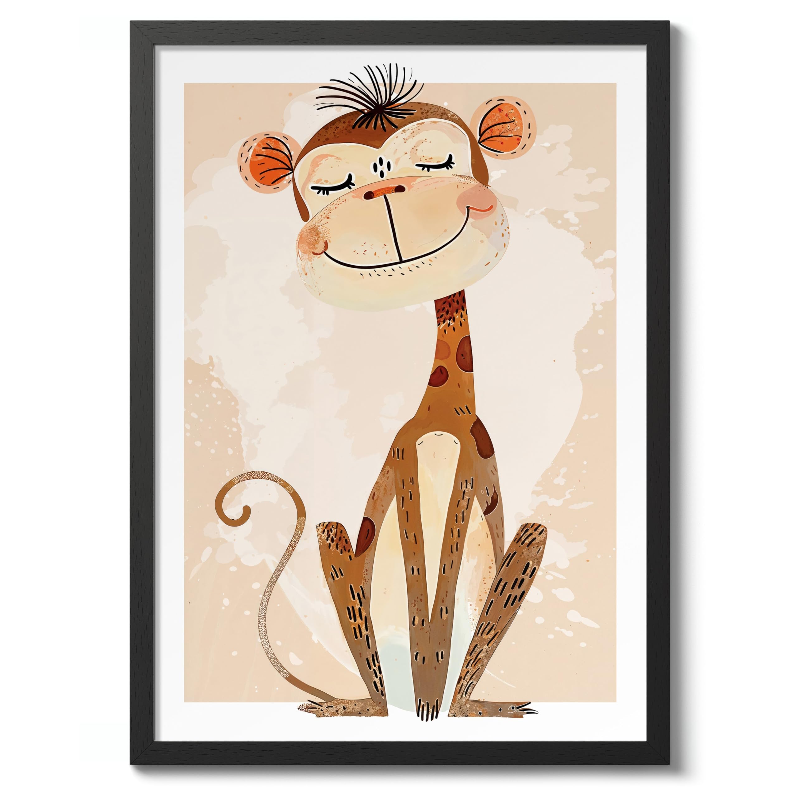 Monkey Animal Nursery Prints, Baby And Kids Wall Art Bedroom Decoration, Archival Matte, A3 (Black Frame) - 42x29.7cm