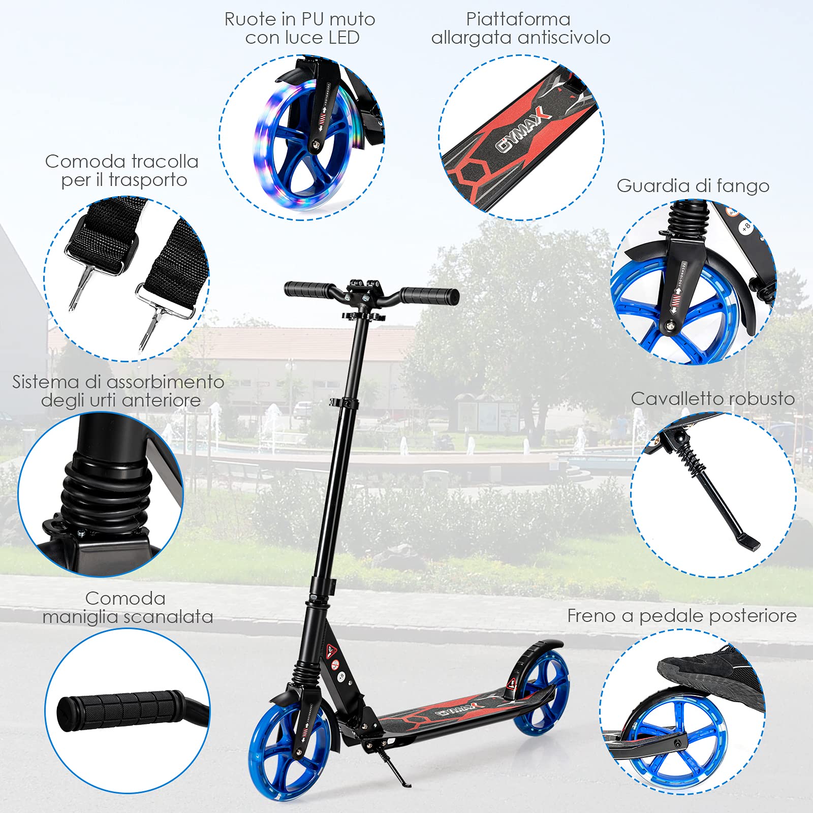 COSTWAY Scooter Monopattino a Spinta per Bambini Pieghevole e Regolabile in Altezza (91-106 cm), con Ruote Luminose e Cavalletto, Carico Massimo 100kg