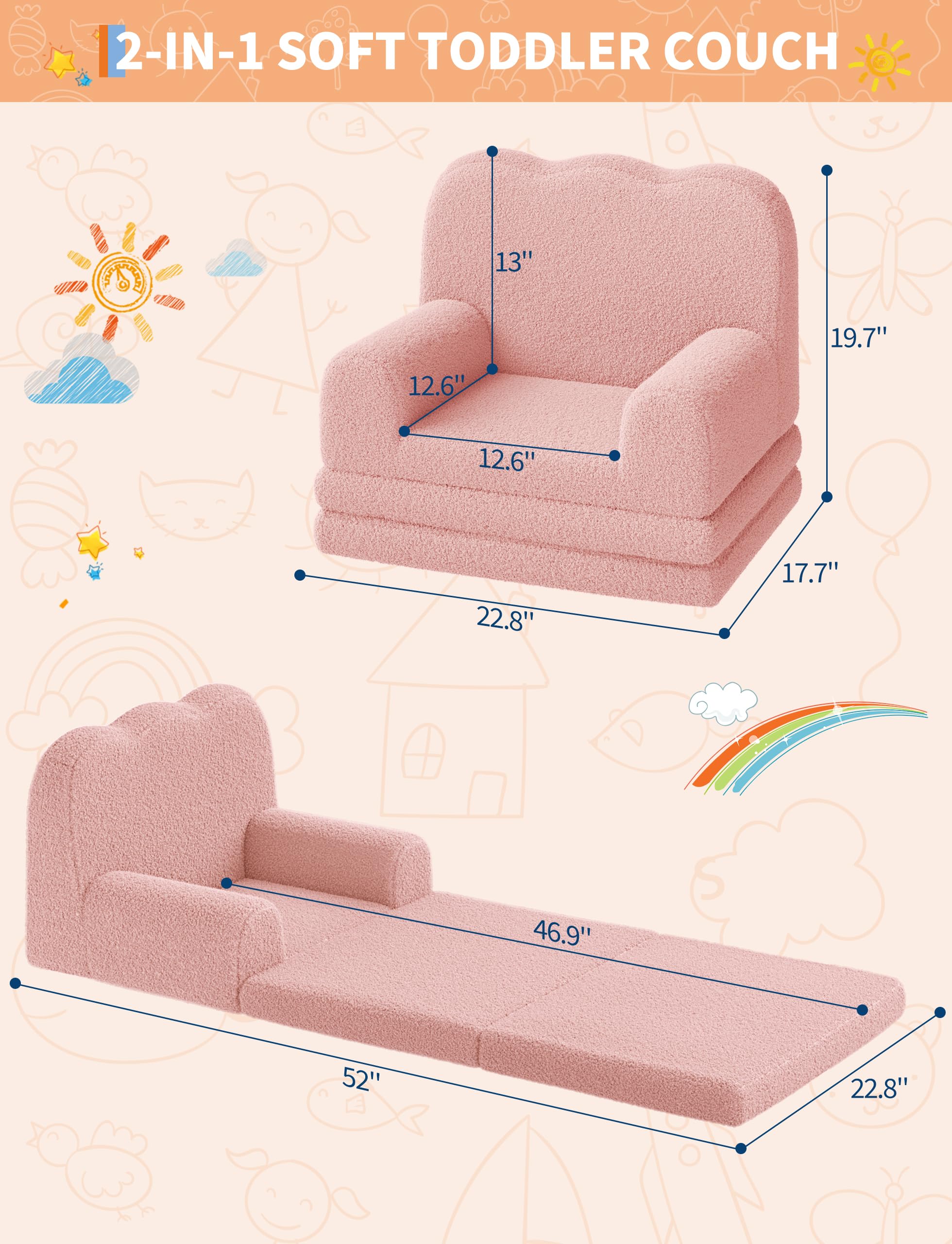 Garvee Kindersofa, 2-in-1 Konvertierbare Teddy Fleece Stoff Kleinkindsofa, weicher ausklappbarer Couch für Kinder, bequemes Kindersofa für das Spielzimmer, Kinderzimmer, Geburtstagsgeschenk