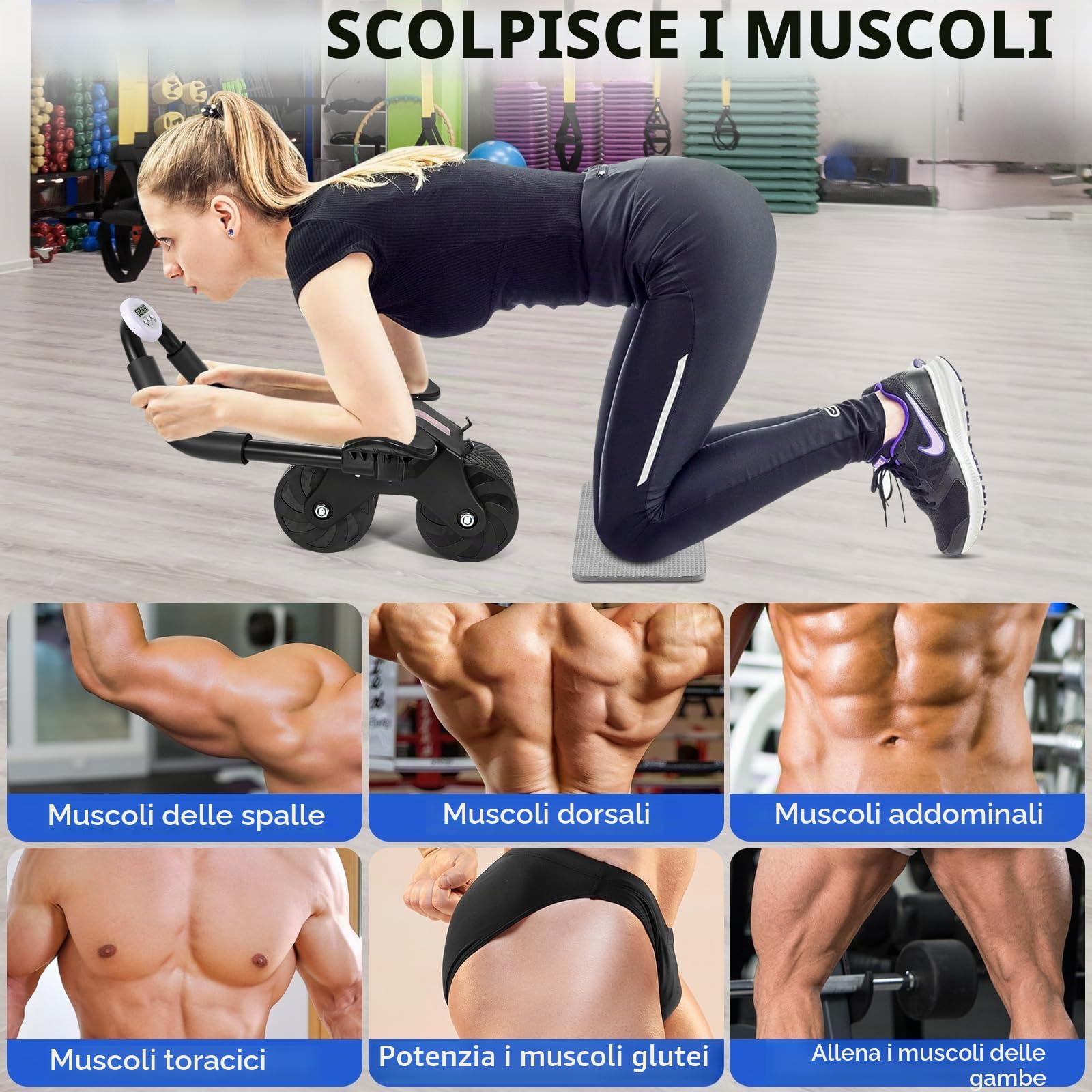 ROELLY Rullo Addominali, Attrezzo per Addominali, Design Antiscivolo e Stabile a Doppia Ruota, con Ginocchiera e Timer Magnetico, Utilizzato per Esercizi Addominali e Fitness a Casa e in Ufficio