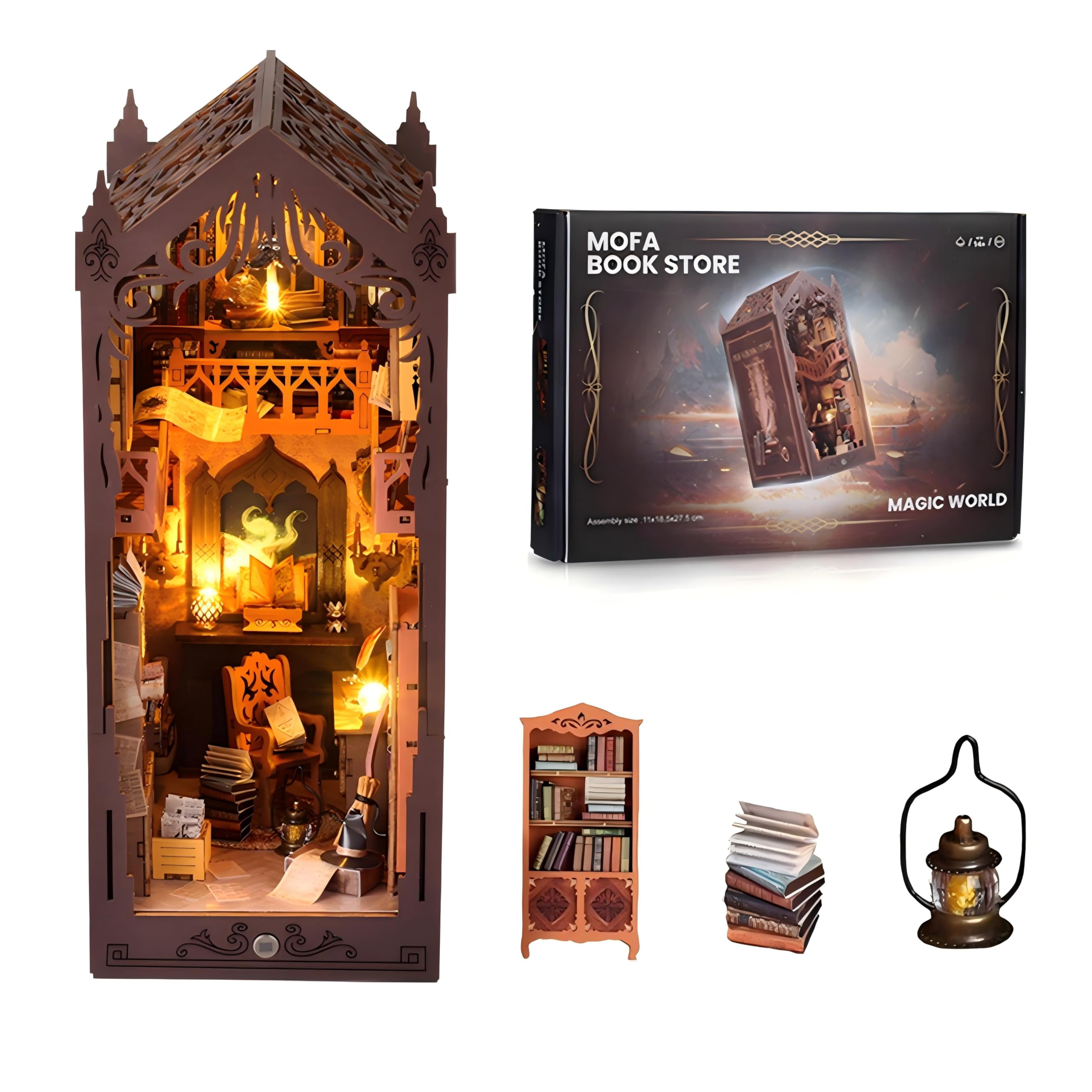 shrike Book Nook Kit Casa delle Bambole Magica Fai Da Te Booknook, Kit Casa Miniatura, Puzzle 3D in Legno, Illuminazione a LED, Regalo Decorativo per Libreria