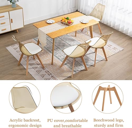 Miniatura 26 de ANOUR Juego de 4 sillas de comedor, modernas sillas de comedor de acrílico transparente con asiento de cuero sintético y patas de haya macizas,