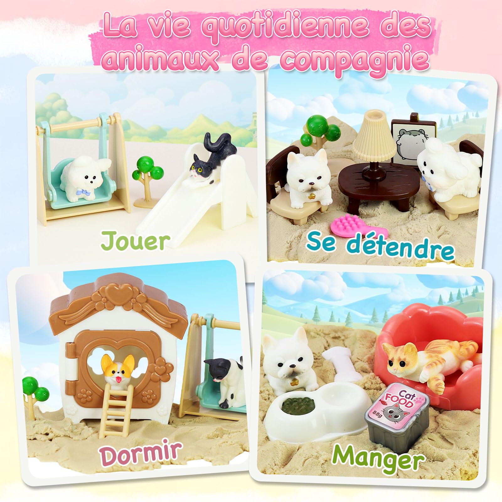 VBACALA Magic Sand Set avec Bac à Sable à 2 Étages,500g de Sable Magique,Figurines de Chiens et Chats,Jouets Sensoriels pour Enfants 3+ Ans,Jeux Créatifs avec Sable,Cadeau pour Garçons et Filles
