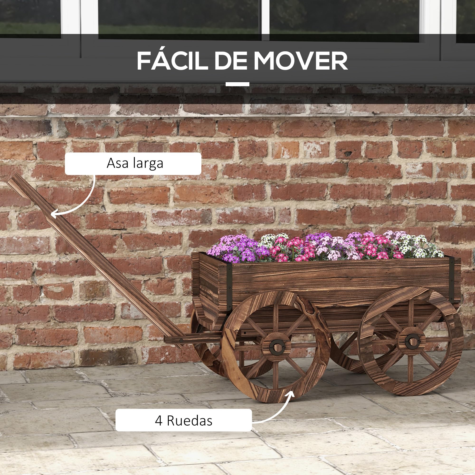 Outsunny Jardinera de Madera Exterior Carrito 120x41x54 cm Carbonizado | Macetero en Forma de Carrito, 4 Ruedas, Mango, para Balcón Jardín Patio