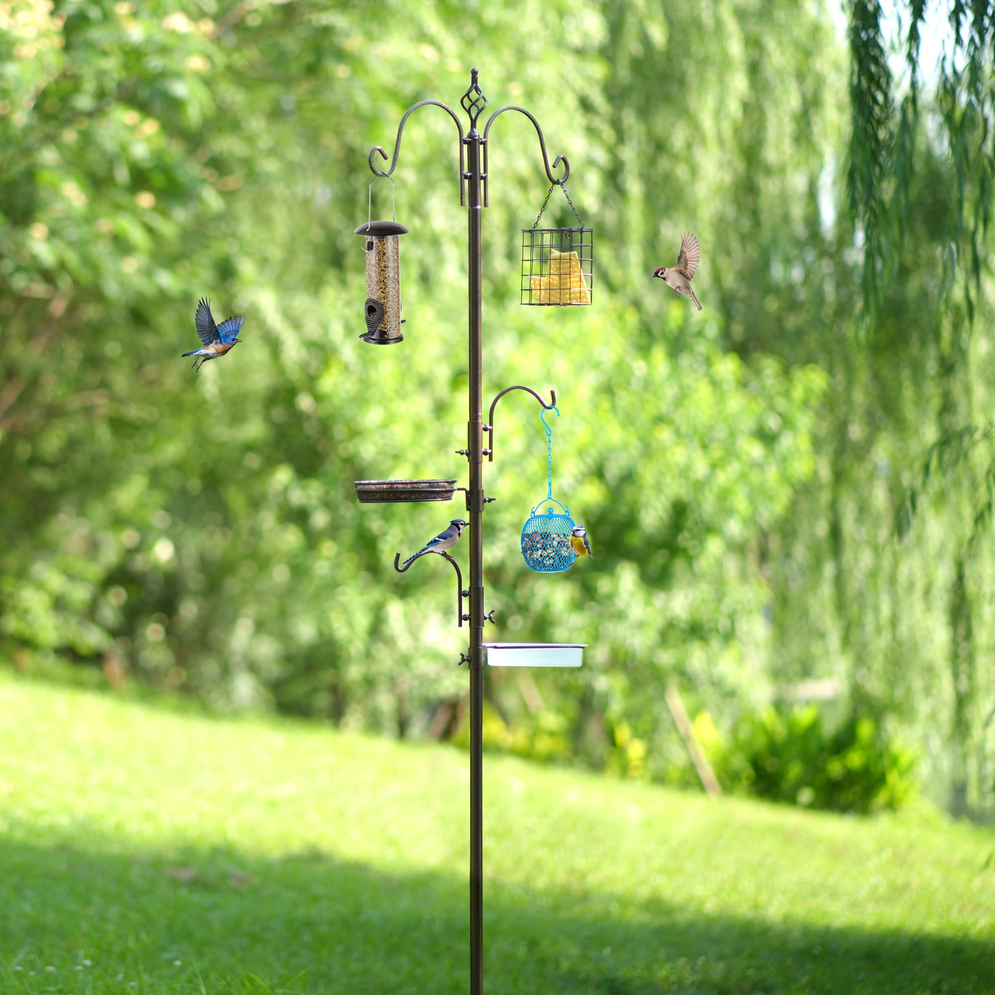 MIXXIDEA Deluxe Vogelfutterspender Kit Bird Feeder Pole Multi Feeder hängen mit Metall Vogelfütterungsstation Suet Feeder Vogel Bad Mesh Tray zum Anziehen (1 Pack)
