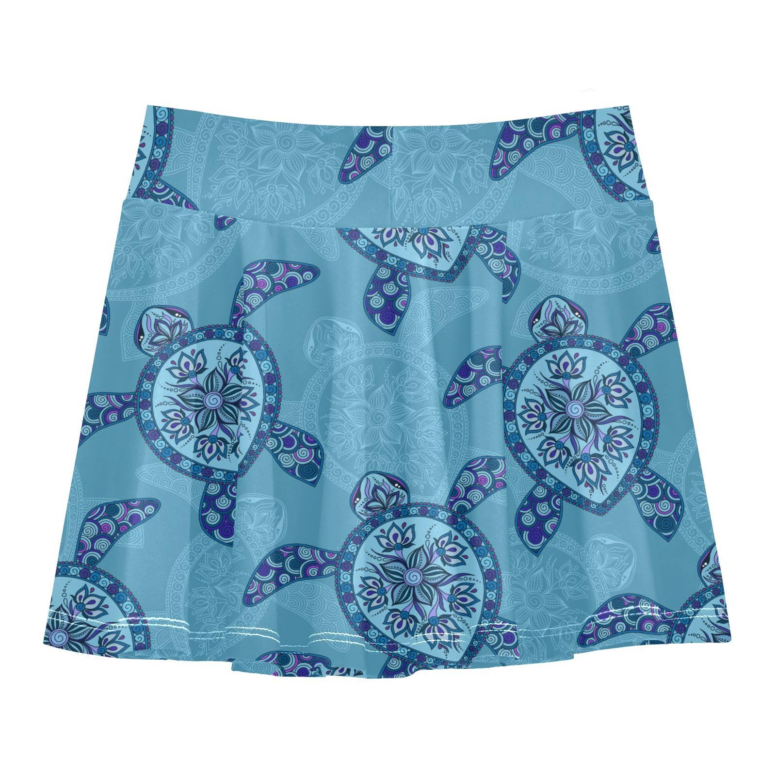 Aflyko Girls Pleated Skater Skirt Tribal Floral Ethnic Sea Turtle High Waist Cheerleading Dress Dance Skort with Lining Shorts Weekend Date Outfit Short Bottoms, 9-10Y Multicoloured