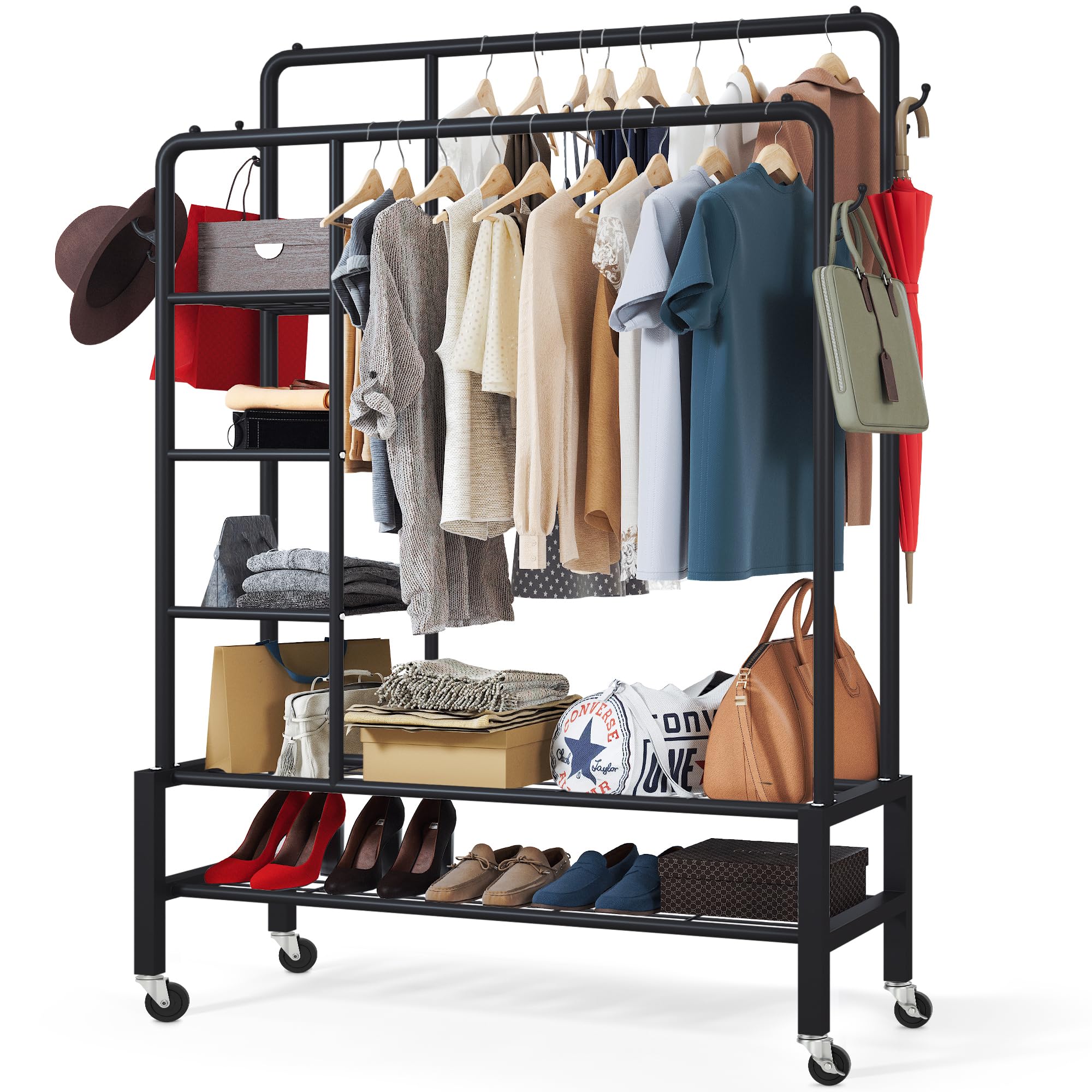 Klass Home Collection Heavy Duty Clothes Rail on Wheels, 120KG Black Metal Rack With Double Hanging Clothing Rail, Shoe Rack, Storage Shelves & 4 Coat Hooks, Wardrobe Clothes Rails For Bedroom