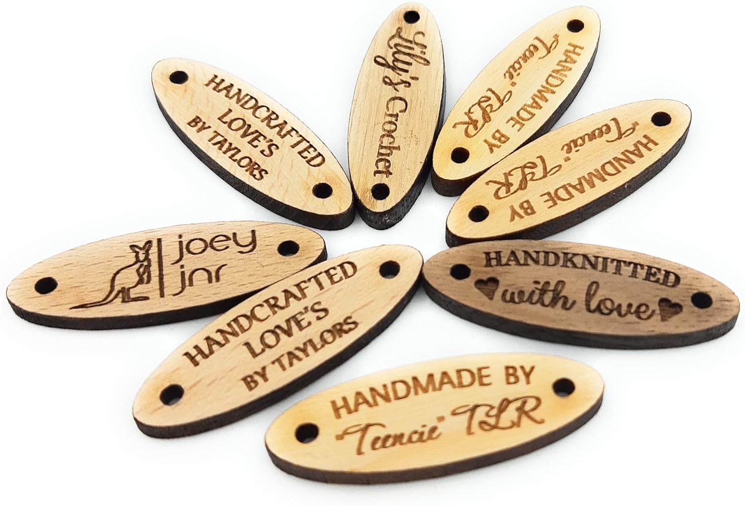 Wooden labels, custom garment labels, engraved wooden tags, oval labels, knitting labels, crochet labels, logo tags, branding labels, 25 pc