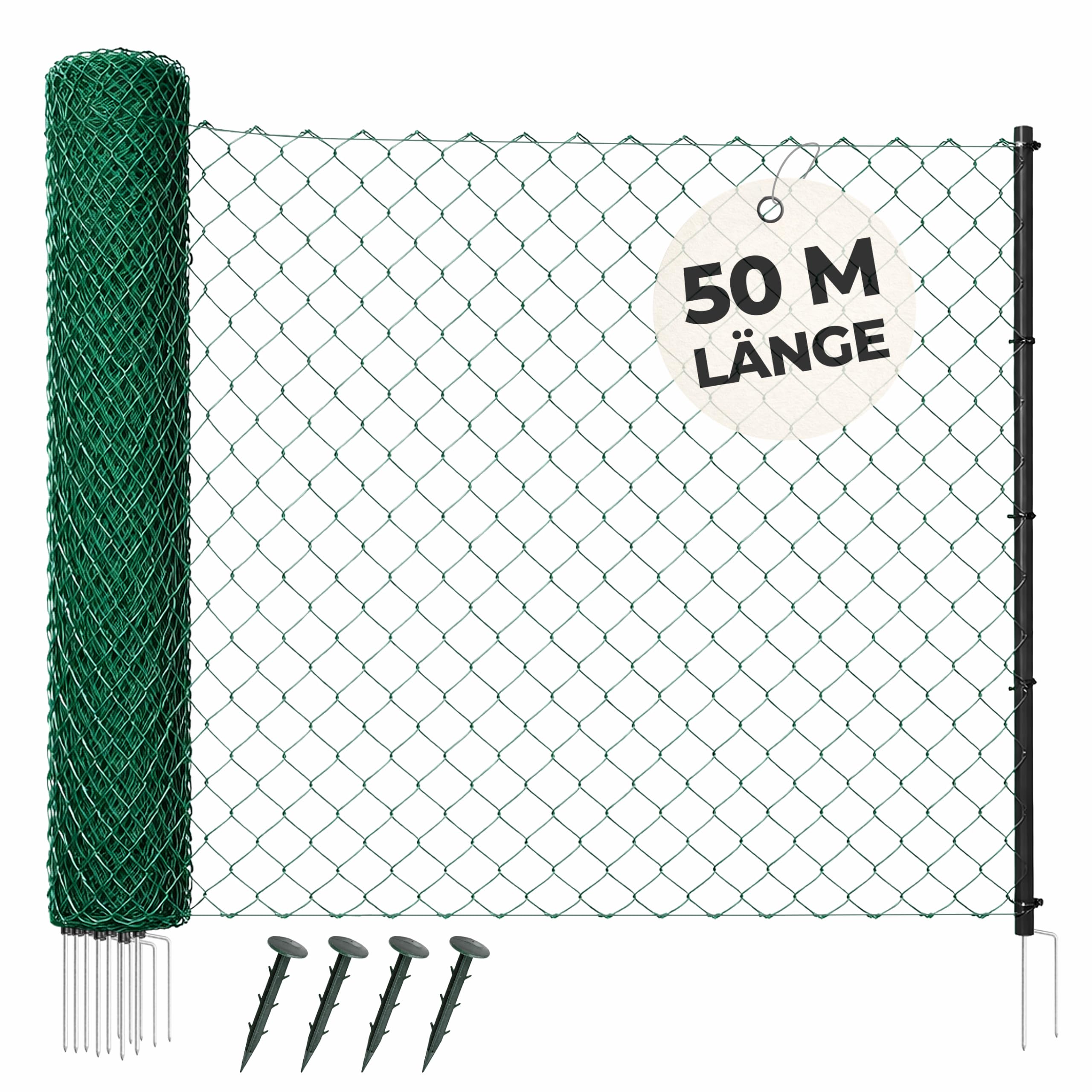 Herkules Geflügelnetz 50m x 120cm - Mobiler Geflügelzaun für Hühner - Stromloser Hühnerzaun mit engmaschigen und reißfesten Litzen - Geflügel Zaun inkl. 14 Weidezaunpfählen mit Doppelspitze