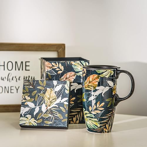 Miniatura 47 de Topadorn Taza de café de cerámica para regalo con tapa de 17 onzas, taza de té alta de porcelana con asa para el hogar y la oficina, taza