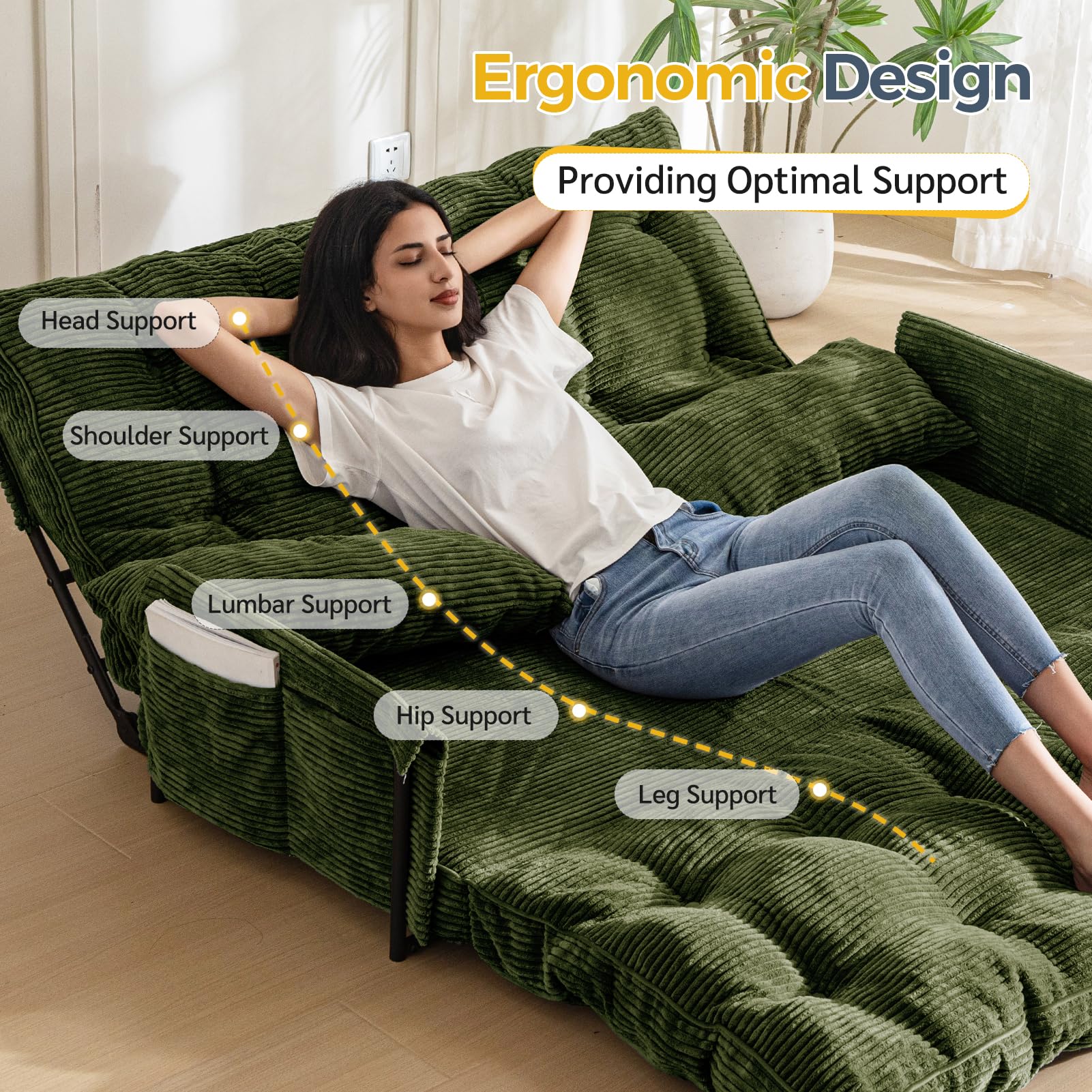 MAXYOYO Sofá Cama Ajustable con 2 Almohadas, Sofá Cama Multifuncional Tipo Puf, Sofá Cama Plegable de 5 Posiciones con Reposabrazos, Asiento Versátil para Leer en el Suelo, Gris Oscuro, Doble