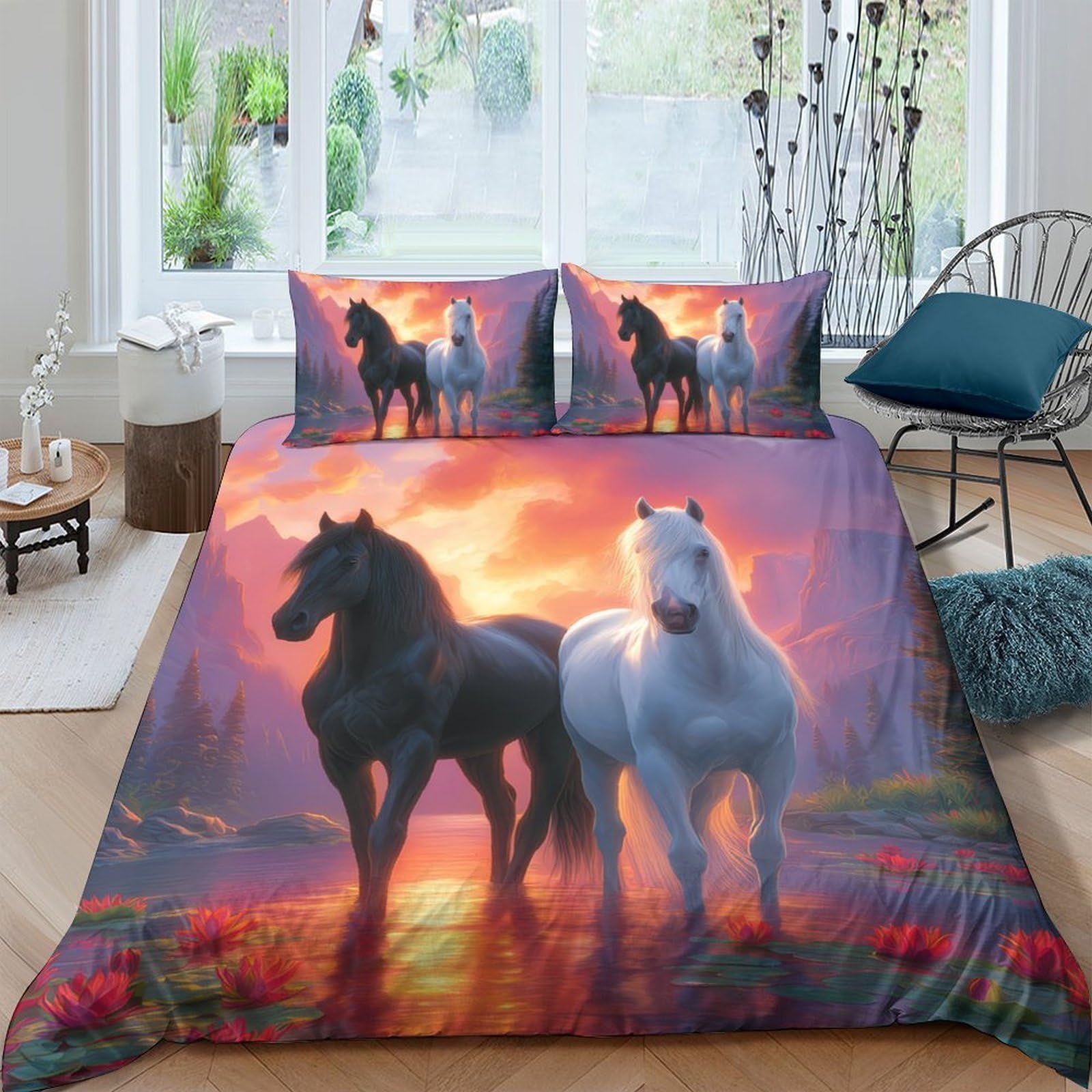 Ctjqhvkz Style-5 3D Printed Black Horse Fitted Sheet Microfiber White Horse Mattress Cover Sunset Art For Bedroom Dorm Decor Easy Care Single（135X200cm）