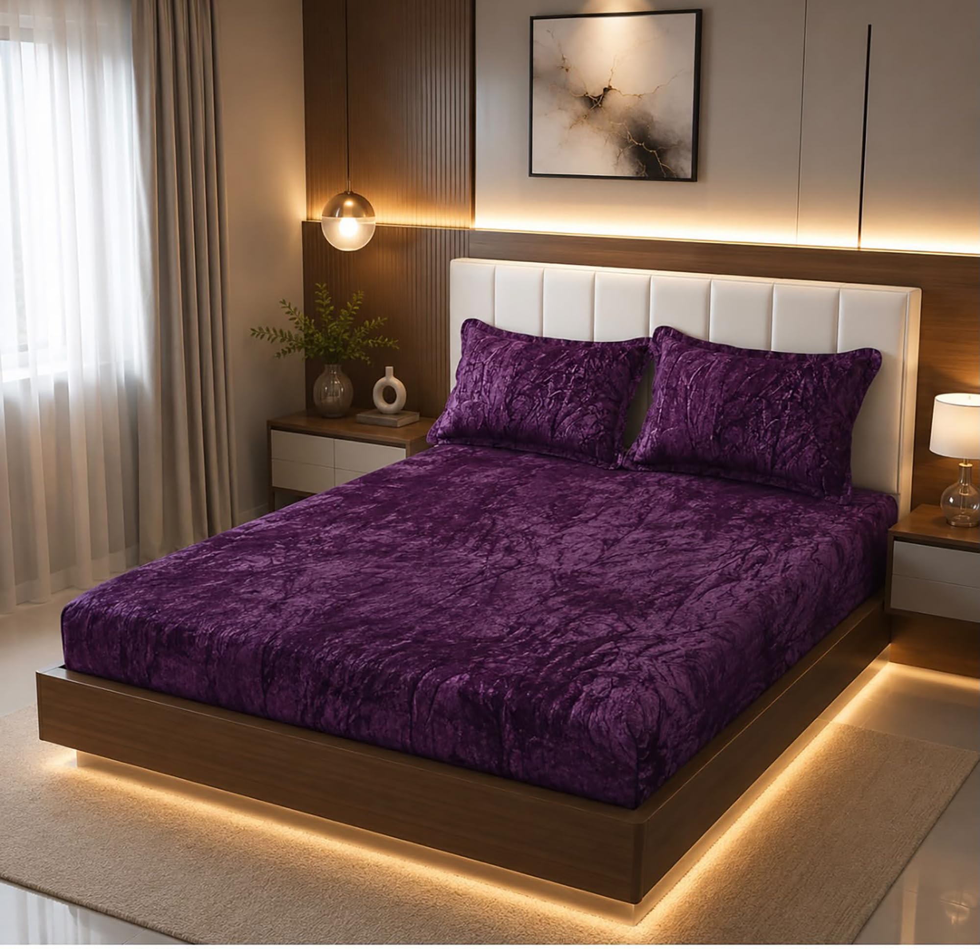 Velvet Super King Size Flano Fitted Bedsheet | Elastic Solid Bedsheet for King Size Bed | 72x78 Inches | Soft Plush Flannel Bed Cover with 2 Pillow Covers|Purple-image-6