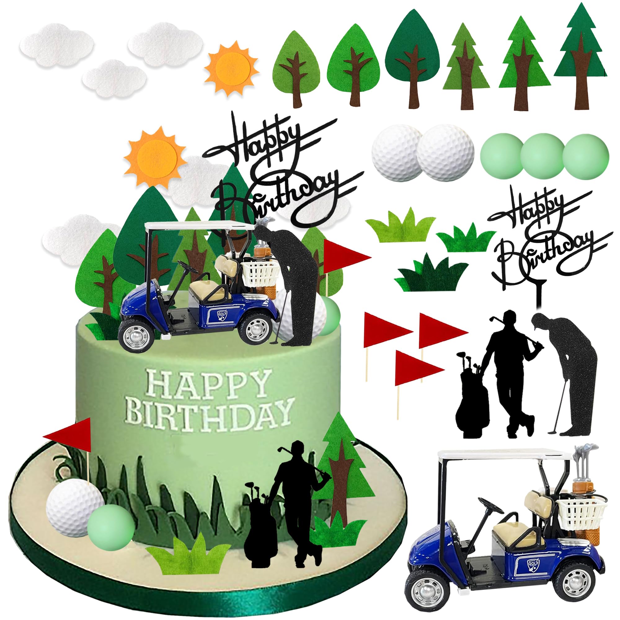Golf Cake Decorations Golf Cart Cake Toppers with Cart Flag Golf Ball Trees Clouds for Men Sports Golf Theme Birthday Supplies (Style1)