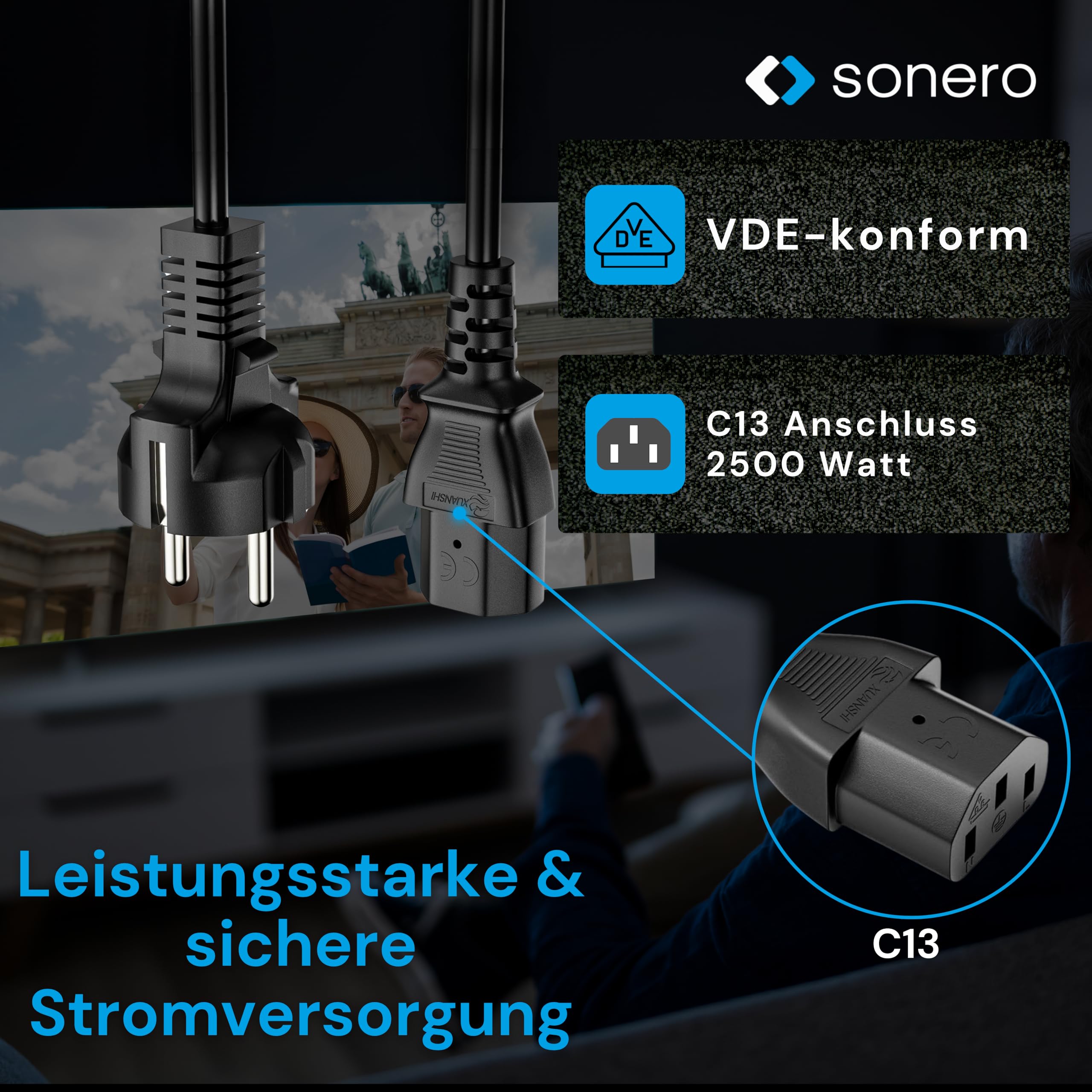 sonero Kabel zasilający kabel do urządzeń zimnych, 3-biegunowy, 2,0 m, zestyk ochronny, wtyczka sieciowa wtyczka sieciowa na złącze urządzeń zimnych C13, kabel sieciowy zasilacz sieciowy kabel
