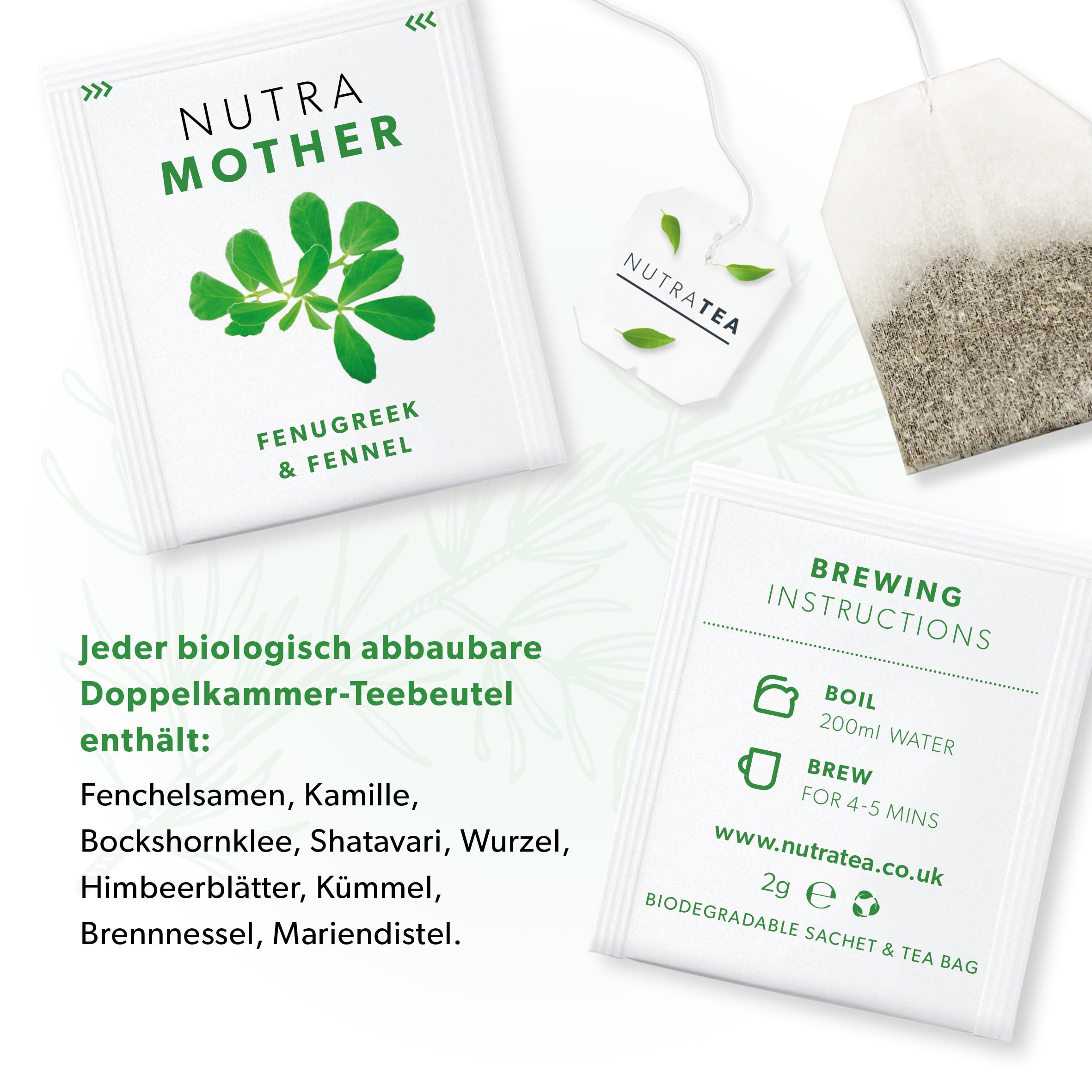 Nutra Tea NUTRAMOTHER, Stilltee unterstützt Milchbildung nach der Geburt, Bockshornklee Tee trägt zur Stärkung der Vitalität bei, 120 wiederverwendbare Teebeutel, Mutter Tee mit Himbeerblätter