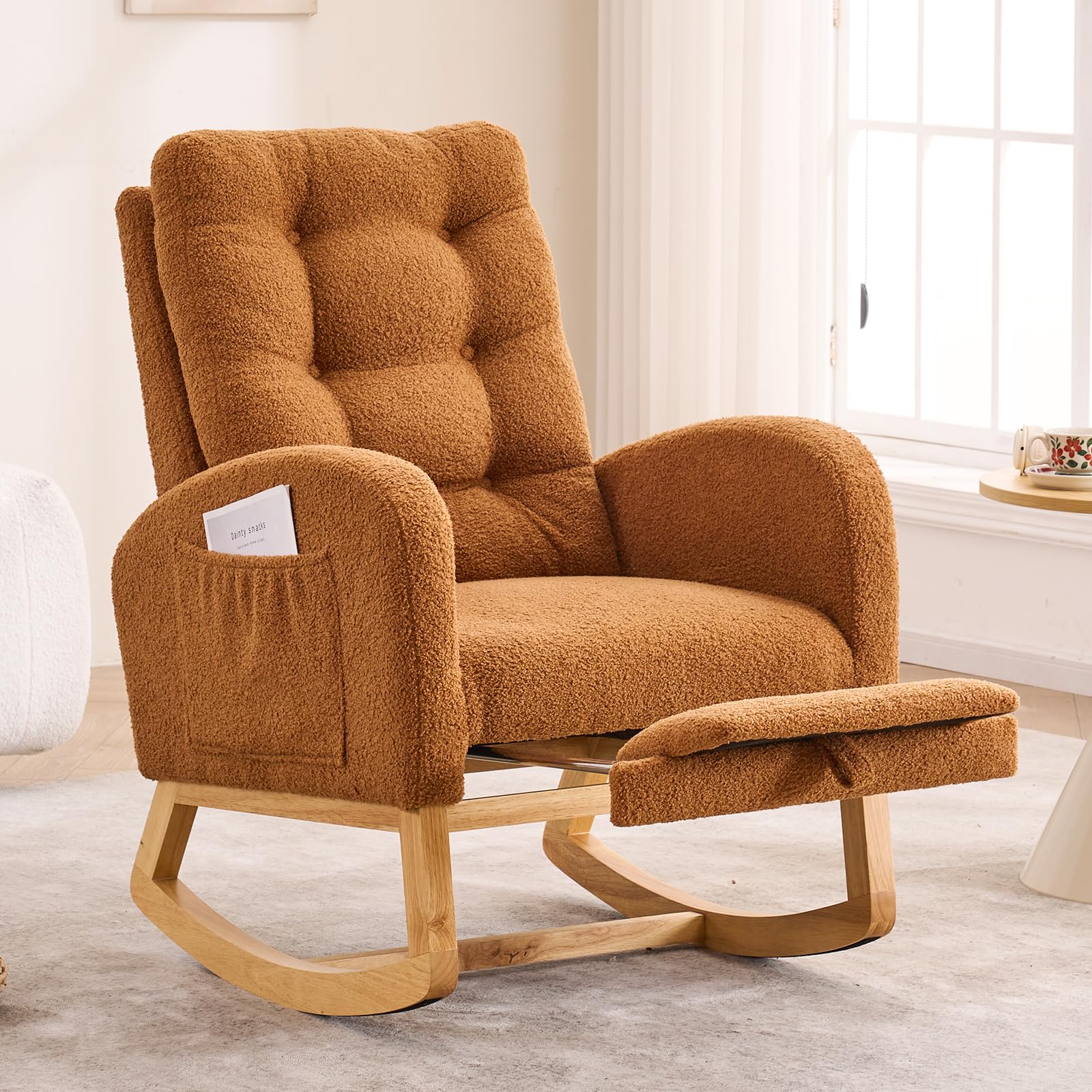 Quorflax Nursery Rocking Chair,Rubber Wood Base Glider Rocking Chair with Adjustable Footrest and Side Pocket,Teddy Fleece Glider Rocker for Living Room, Bedroom (Caramel)