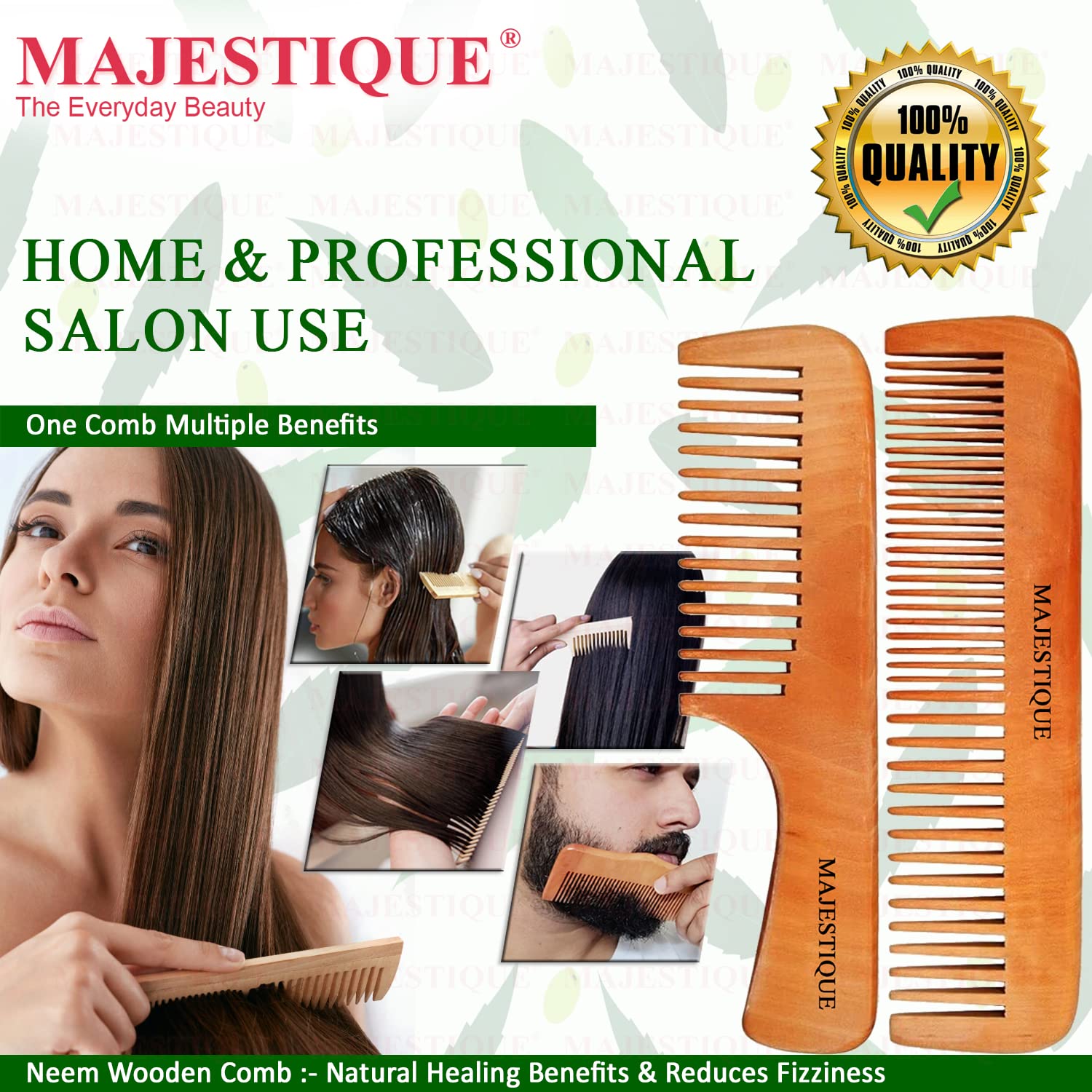 Majestique 2PCS Wooden Neem Wooden Hair Comb for Women, Wood Anti-Static & No Snag, Wodden Handcrafted Hair 3