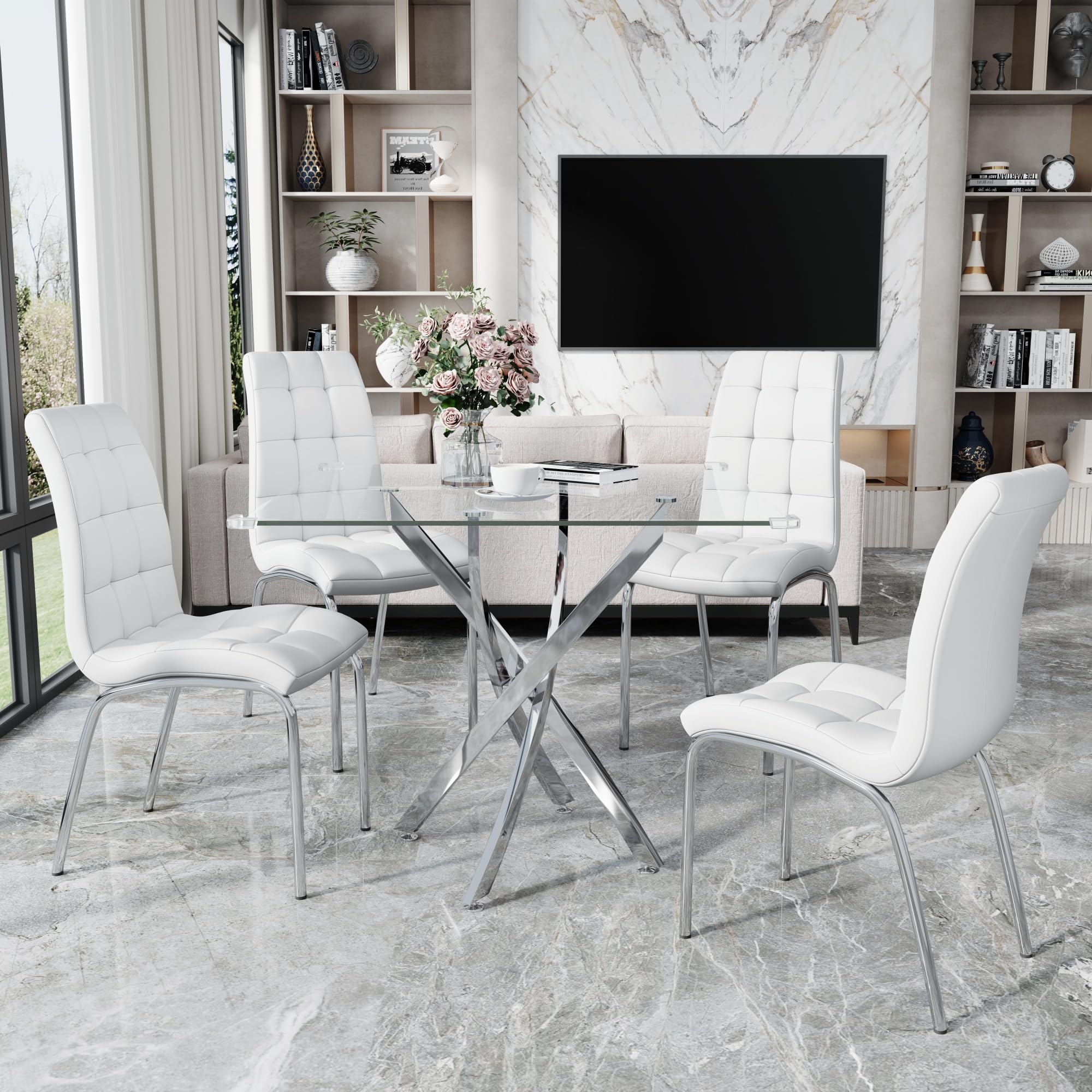 5 Piece Square Glass Dining Table Set, Round Tempered Glass Kitchen Table for 4, Modern Table with 4 High-Back Upholstered Chairs for Kitchen Dining Room (Silver Legs, 4 White Chairs)