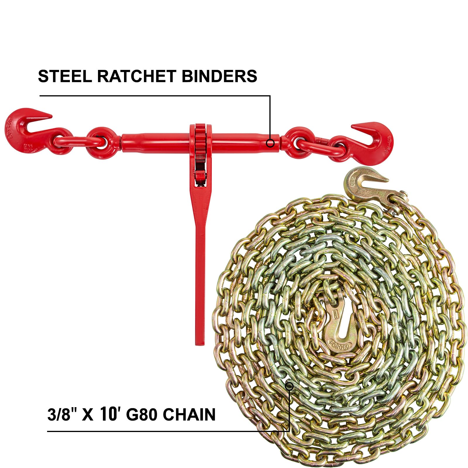 VEVOR Kit de chaîne et de Reliure 10-13 mm, reliures de Charge à cliquet 4,18 t Force de Travail, reliures et chaînes à cliquet 10 mm x 3 m Crochets G70, pour Camion, arrimage, Transport, remorquage