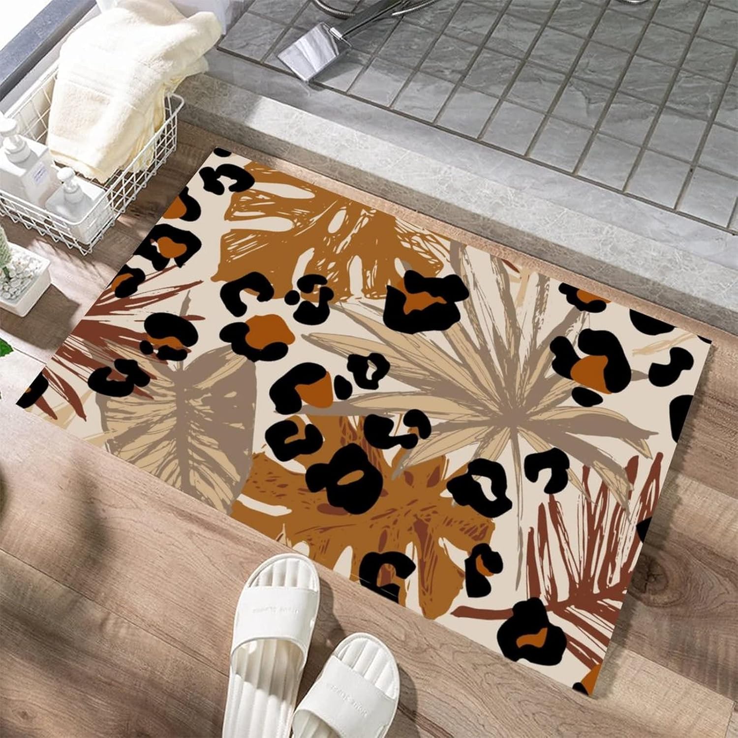 Tropical Palm Leaf Leopard Print Bath Mats NonSlip
