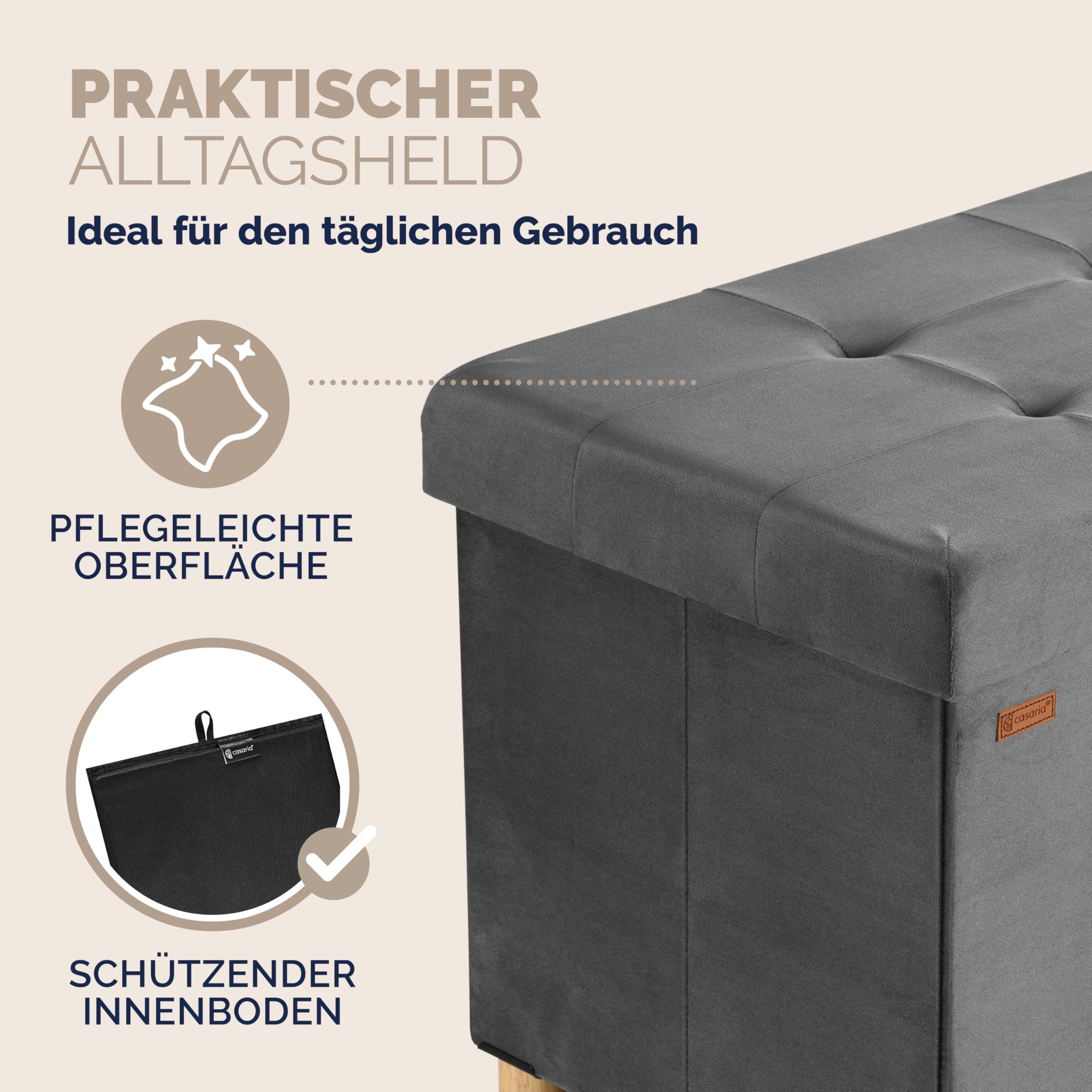 Casaria® Sitzbank mit Stauraum Anthrazit Samt mit Holzfüßen Faltbar Sitzbank 300kg Belastbar 76cm Truhe Wohnzimmer Schlafzimmer Flur Truhenbank Bank