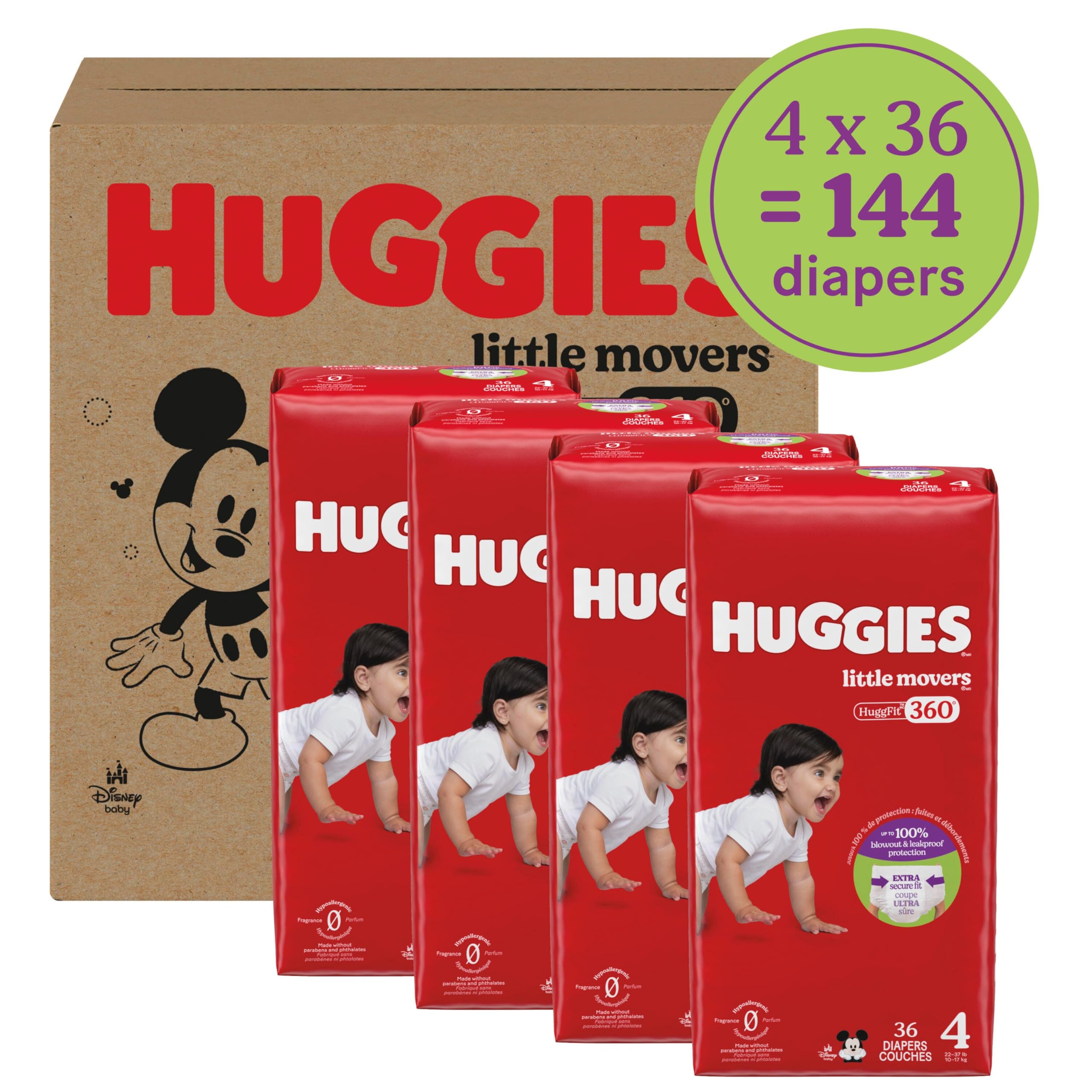 Huggies Size 4 Baby Diapers, Little Movers HuggFit 360° Baby Diapers with 360° Waistband, Size 4 (22-37 lbs), 144 Count (4 Packs of 36), Packaging May Vary