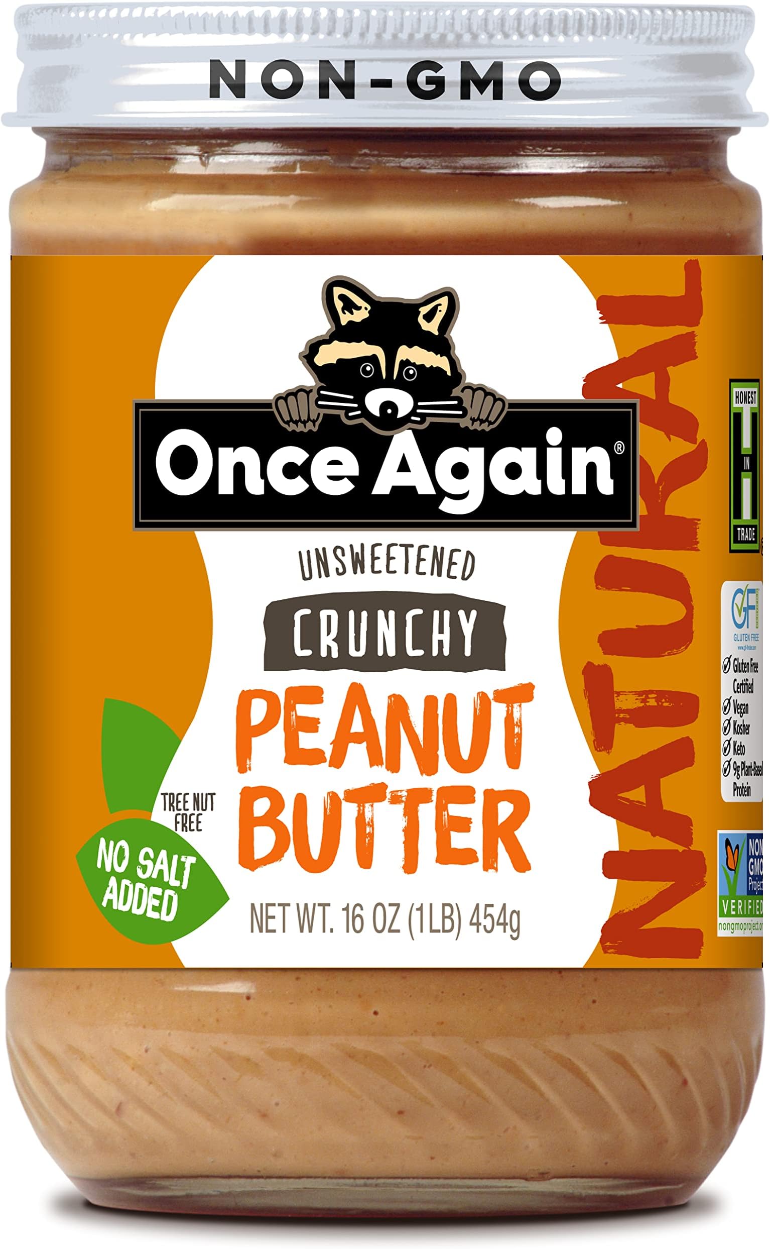 Natural, Crunchy Peanut Butter, 16oz - Salt Free, Unsweetened - Gluten Free Certified, Vegan, Kosher, Non-GMO Verified - Glass Jar