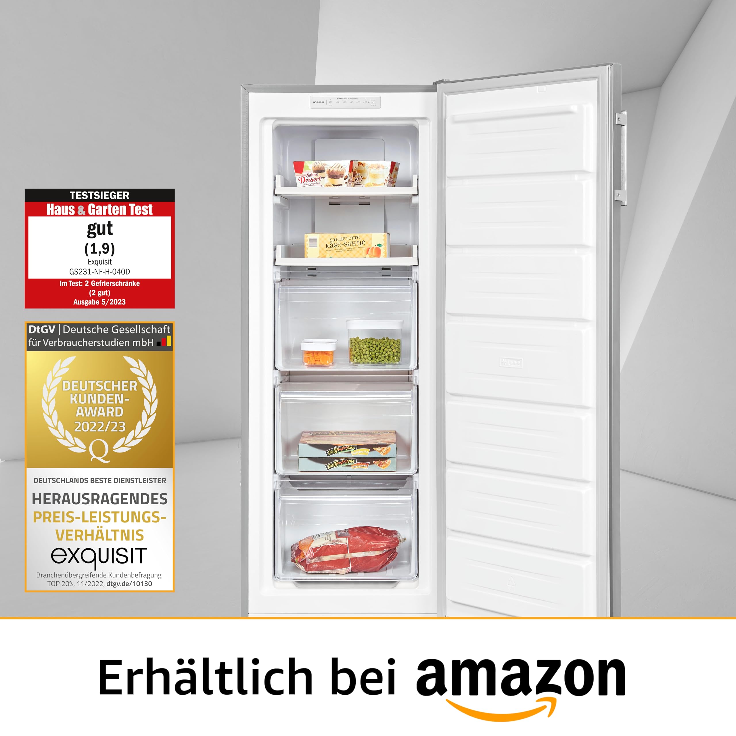 Exquisit GS231-NF-H-040D Gefrierschrank Inoxlook - 161 L NoFrost Froster | Stand-Gefrierschrank mit Umluftkühlung, LED-Temperaturanzeige, Schnellgefrierfunktion & wechselbarem Türanschlag