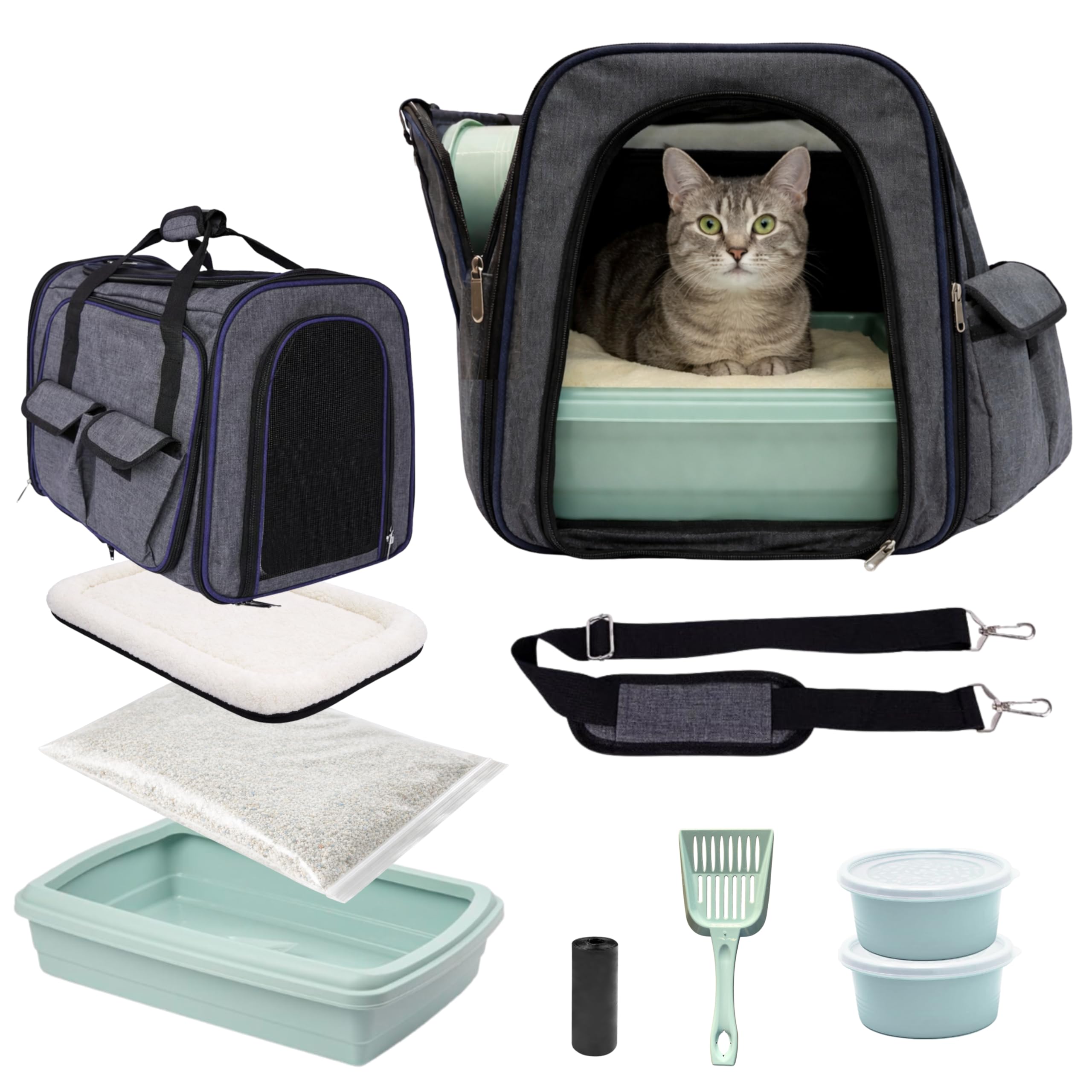 Kit Completo Gatos Accesorios: transportin Gato Grande y arenero Gatos, comedero, Bebedero, camita y Pala - Ideal en Viajes, Coche, Vacaciones y Bienvenida al hogar (Menta)