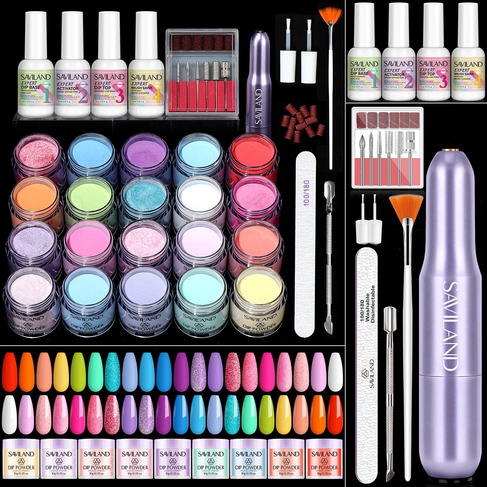 SAVILAND Dipping Powder Nails Set – 20 Colores Dipping Powder, Dipping Powder Starter Kit Con Fresa De Uñas EléCtrica, Base y Capa Superior, Activador y Protector de Cepillos, Juego de Uñas Para