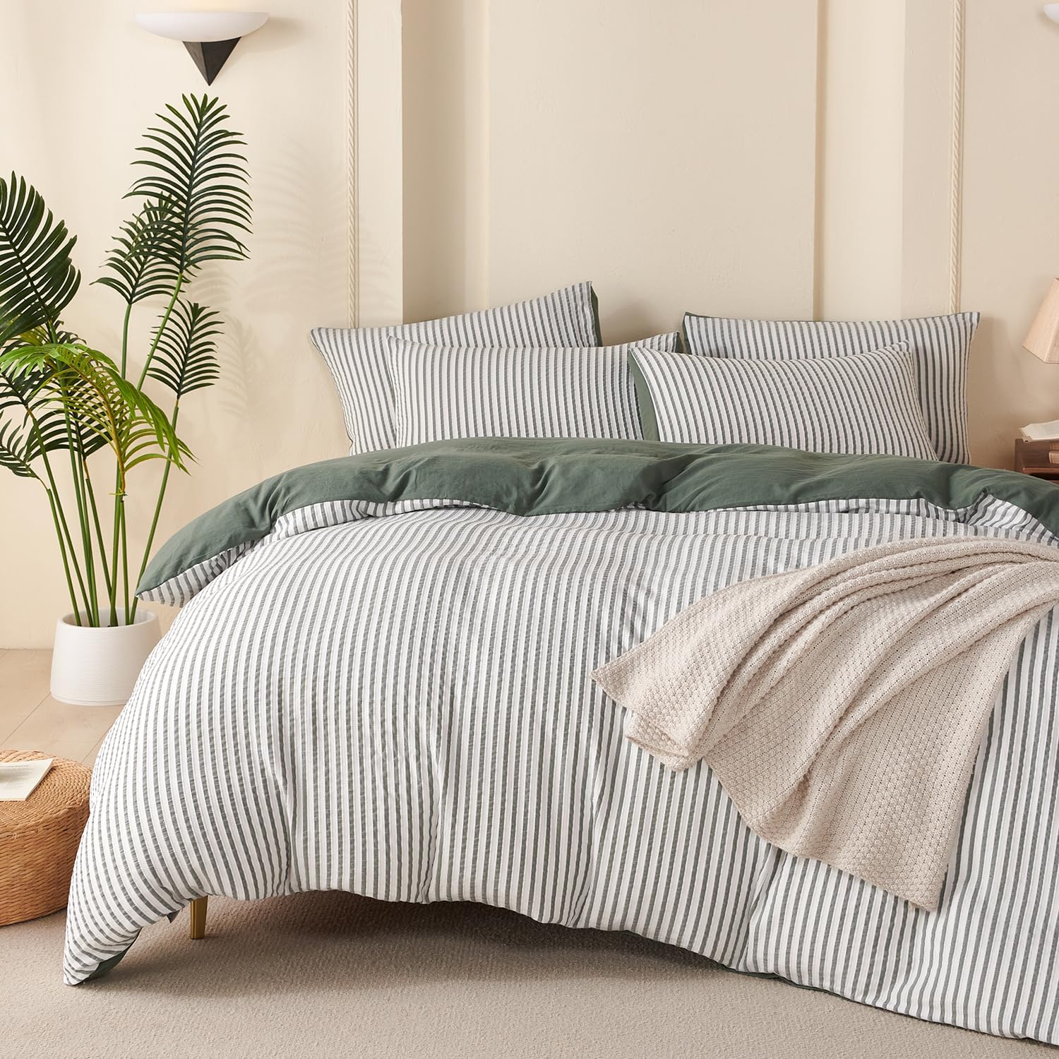 Green Comforter Set Queen Size Soft Luxury Washed Microfiber Jacquard 3 Pieces Bedding Set, White Green Vertical Ticking Stripes Pattern Comforter with 2 Pillowcases Breathable Durable Comfy Green Striped Queen