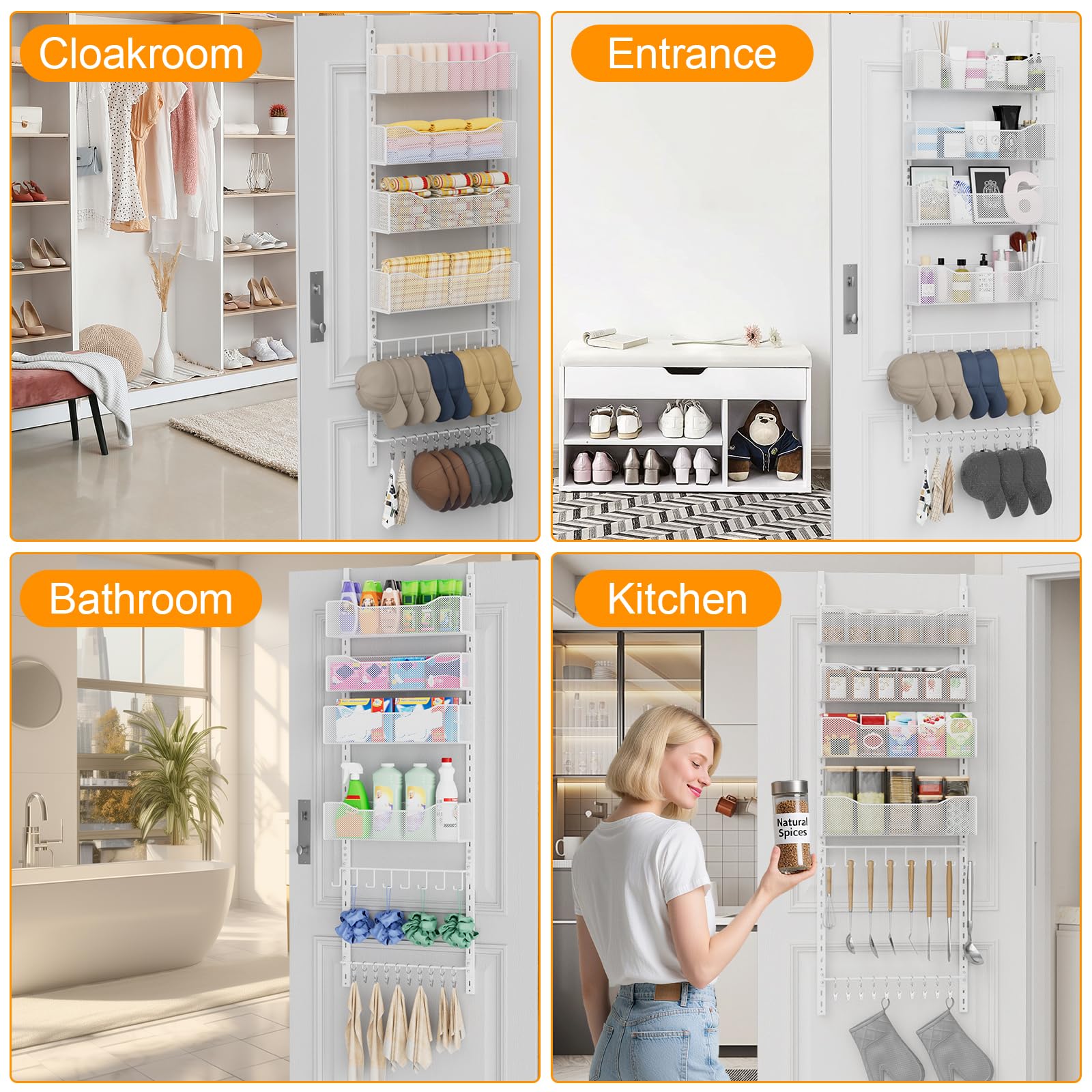 Über-der-Tür-Organizer, 2-in-1-Kleiderschrank-Organizer und Hutablage aus Metall mit 4 Verstellbaren Körben, 8 Haken, 10 Clips, Aufbewahrung hinter der Tür für Schlafzimmer, Badezimmer (weiß)
