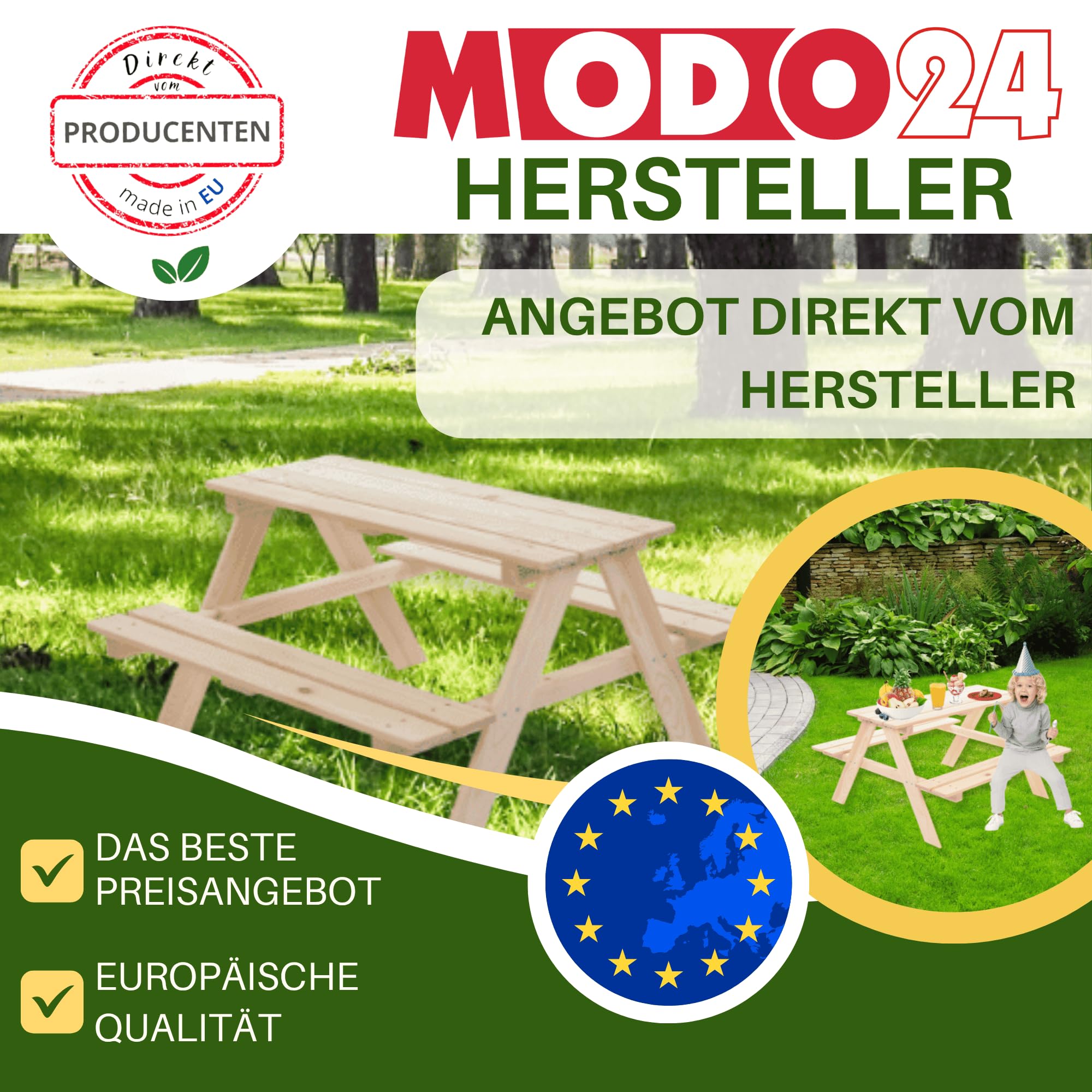 Kindersitzgarnitur für 4, Picknicktisch für Kinder aus Kiefernholz, Outdoor Sitzgruppe mit 2 Bänken, Gartensitzgarnitur & Spielmöbel, Abmessungen 90x91x50 cm, Farbe: Grau (imprägniert)
