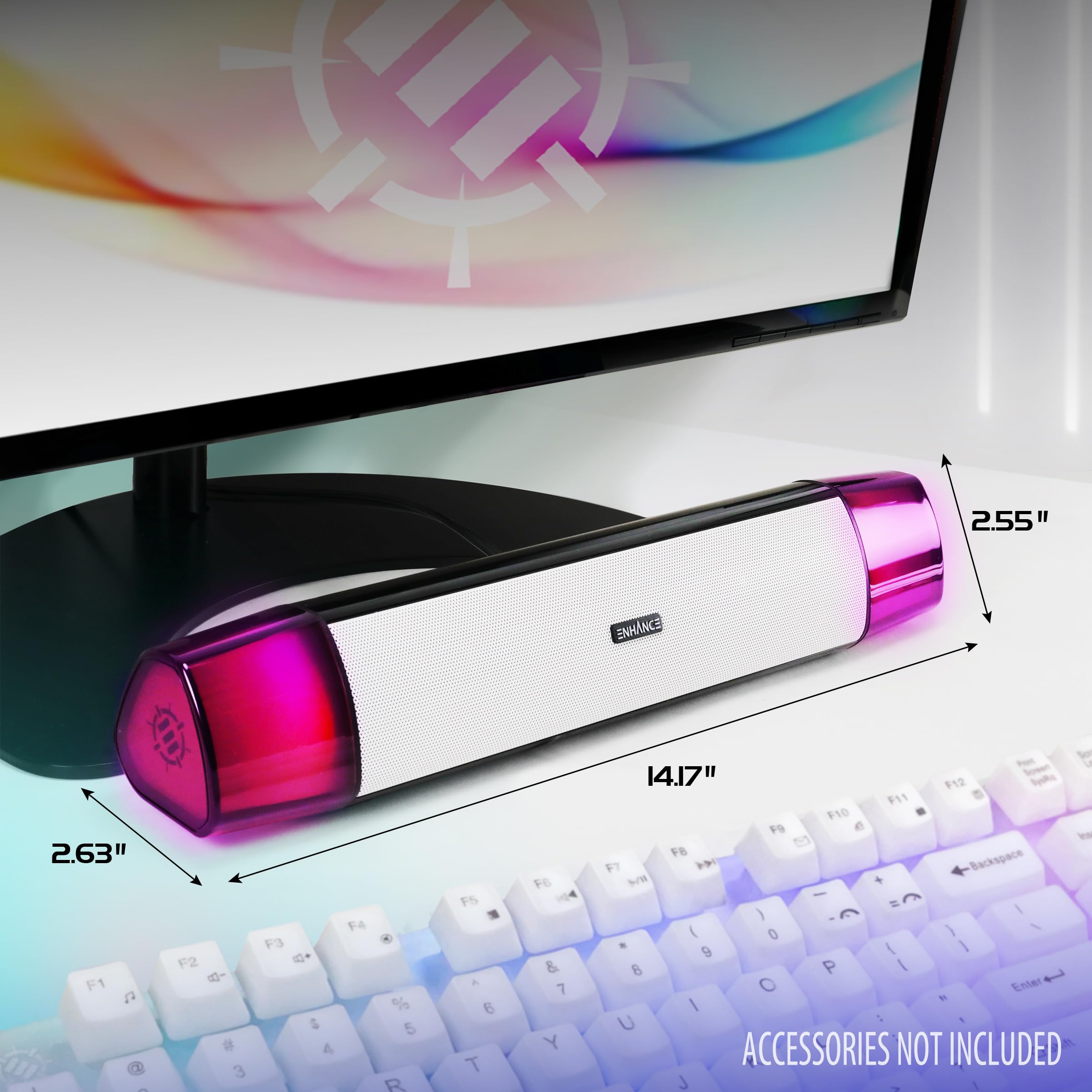 ENHANCE Theorem 3 White Computer Speakers, Sound Bar for PC - USB Powered Speakers, Under Monitor Sound Bar with 12W Peak, 5 Color Modes, in-Line Controller - Computer Speakers for Desktop PC