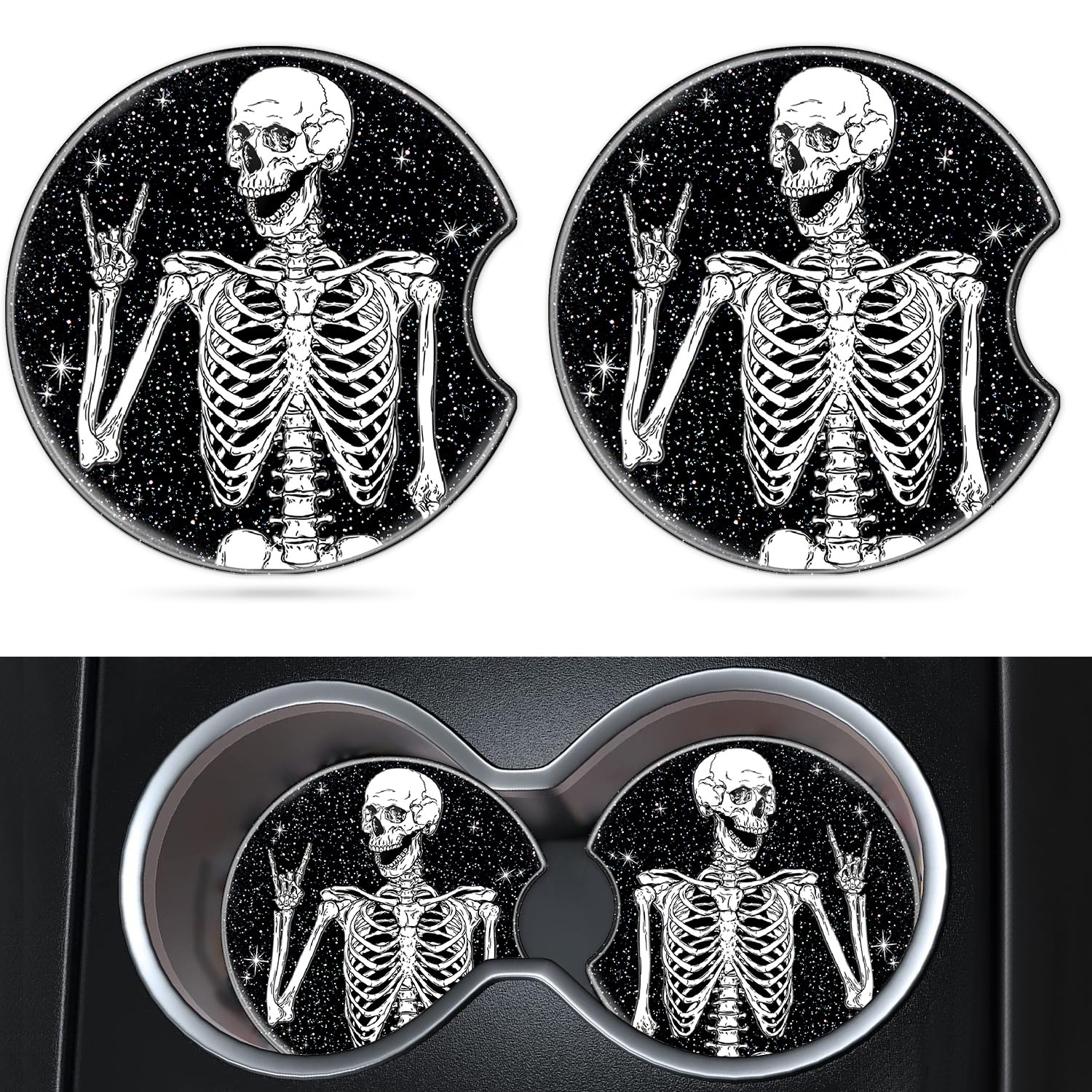 Car Cup Holder Coaster Acrylic New Automotive Cupholder Accessories Funny Black Skeleton Interior Decor Decorations for Women Men 2 Pack