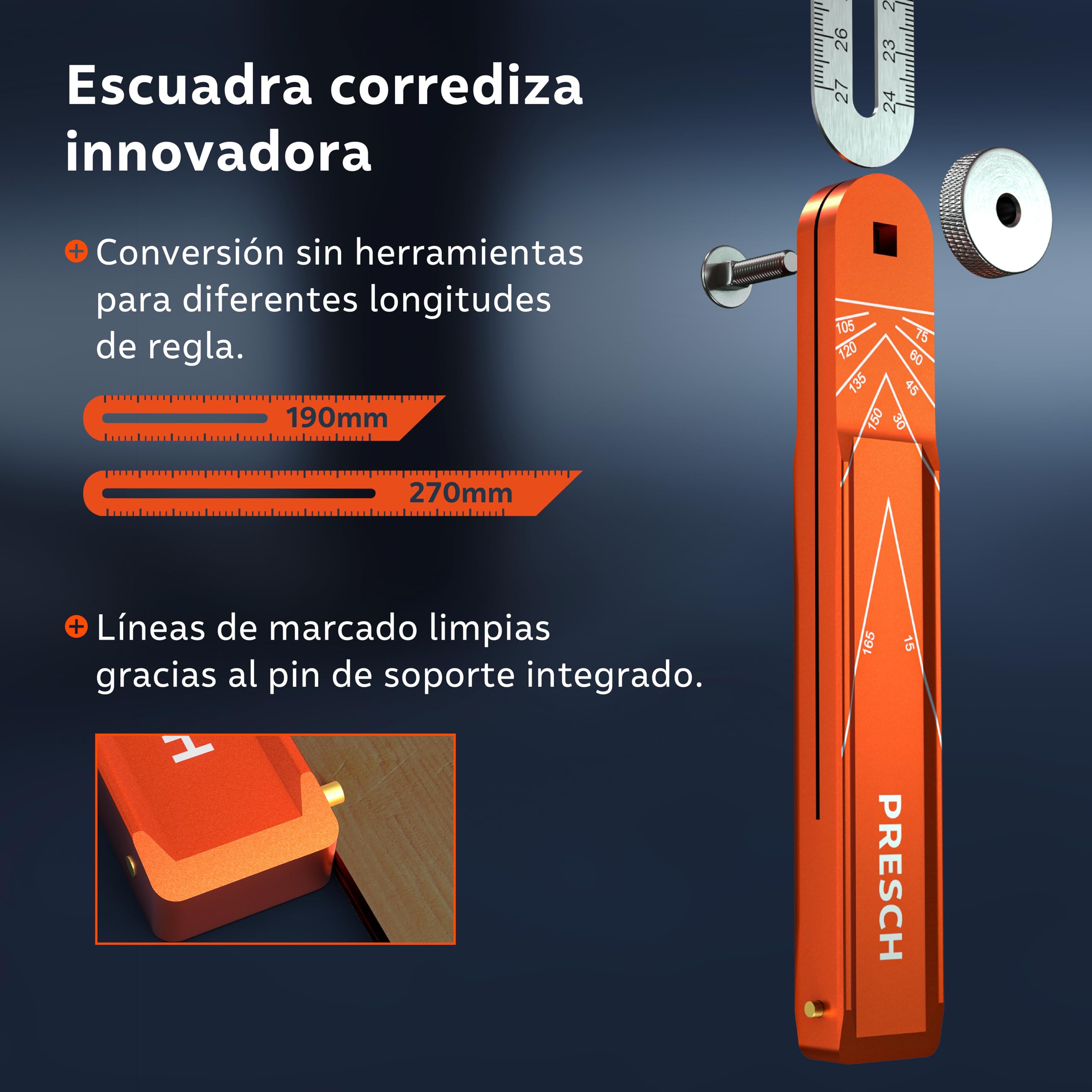 Presch Falsa Escuadra incl. regla adicional - 190mm & 270mm - Transferir ángulos de extrema precisión - Regla con función trazado fabricada en aluminio mecanizado con precisión y acero inoxidable