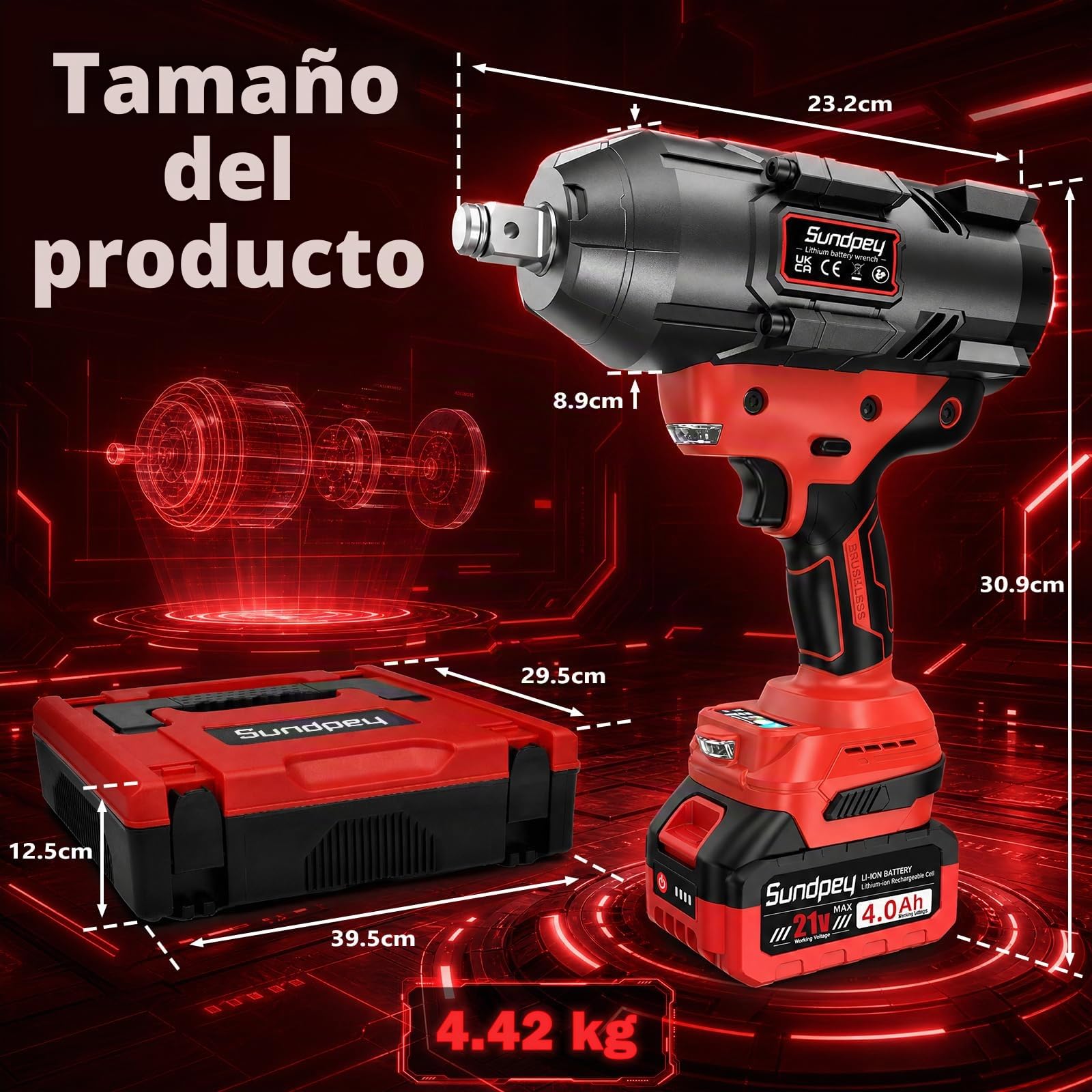 Sundpey 2000Nm Llave de Impacto Inalámbrica, 3/4'' Pistola de Impacto eléctrica con 2 * 4000mAh Baterías & 5 Enchufes & 3/4'' a 1/2'' Adaptador de Broca & Cargador Rápido, Rojo