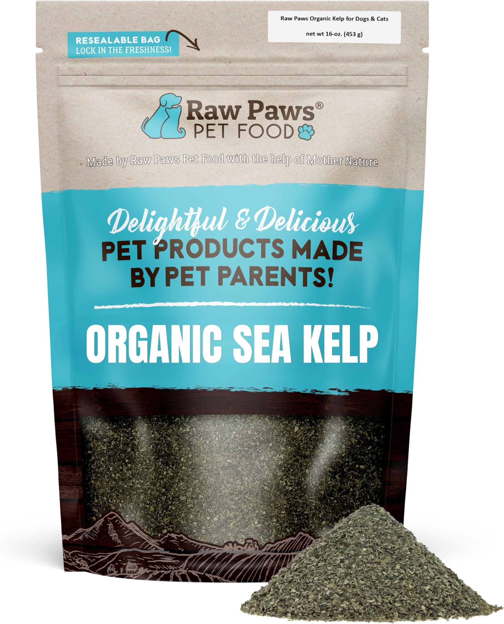 Raw Paws Organic Kelp Powder for Dogs & Cats (16-Ounce) - Supports Thyroid, Digestive & Immune Health - Dried Sea Kelp for Dogs - Seaweed Powder Supplement