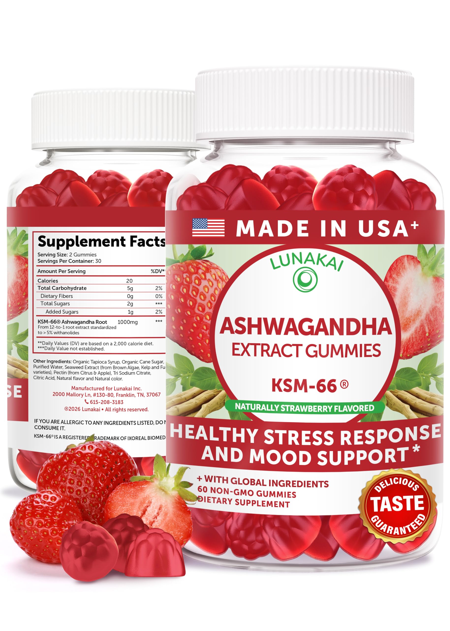 Lunakai USA Manufactured KSM-66 Ashwagandha Gummies for Women & Men – Daily Vegan Supplement for Stress, Mood & Sleep Support, 60ct