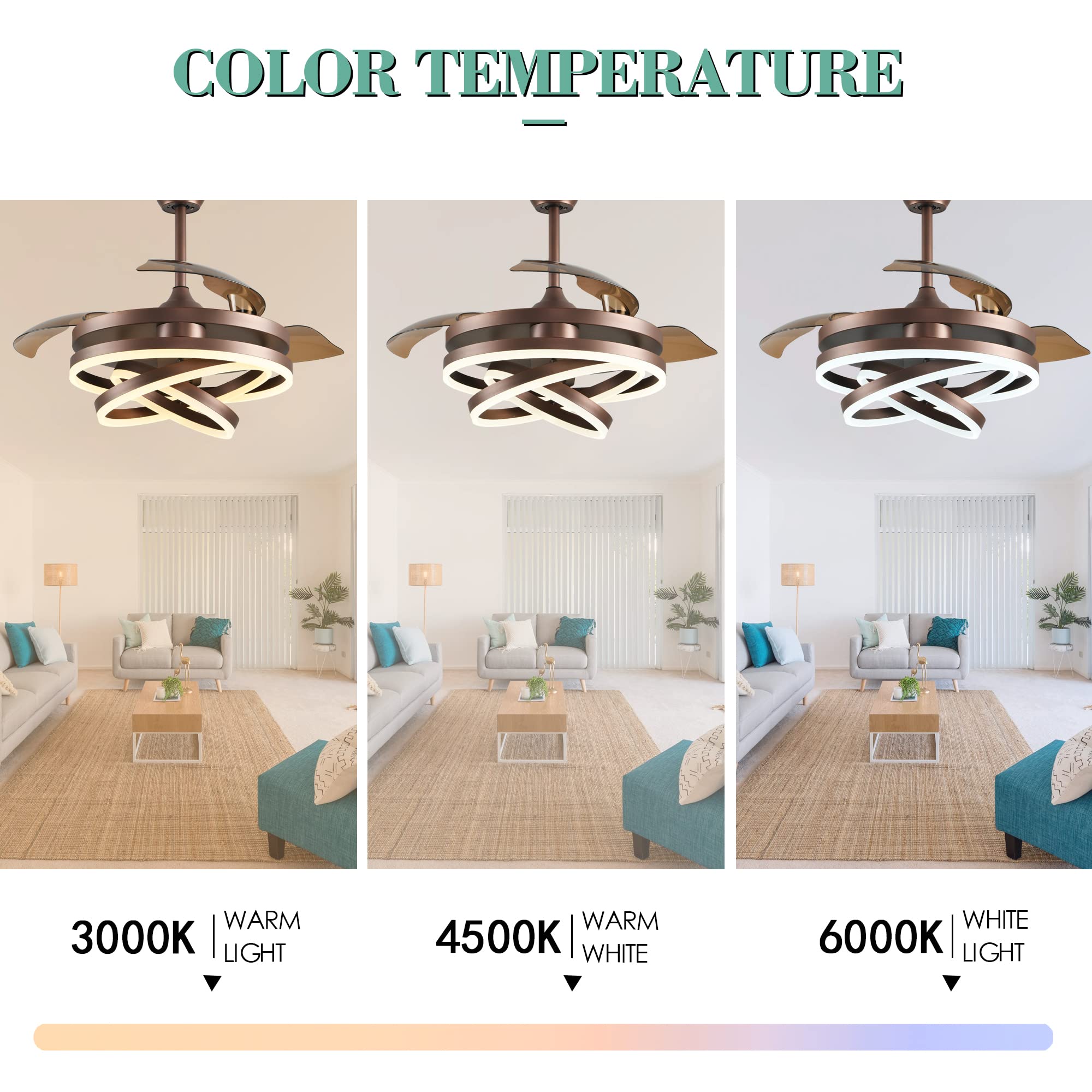 Dawn Whisper 42 Inch Retractable Ceiling Fan, Modern Ceiling Fans with Lights Remote, Silent DC Motor 6 Speeds Color Light Adjustable Shape, Retractable Blade Ceiling Fan Brown